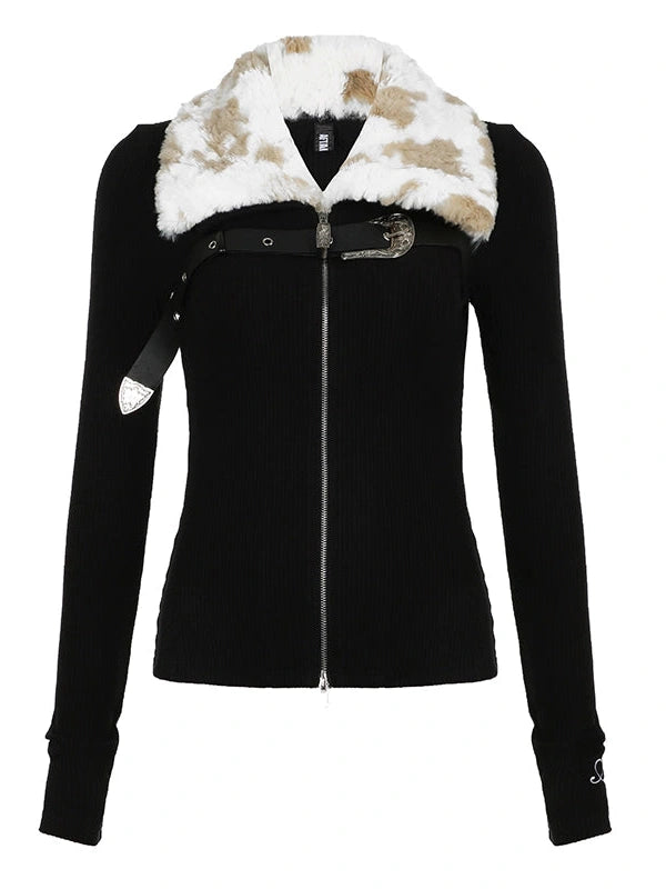 Detachable Faux Fur Collar Dual Zip Knit Top