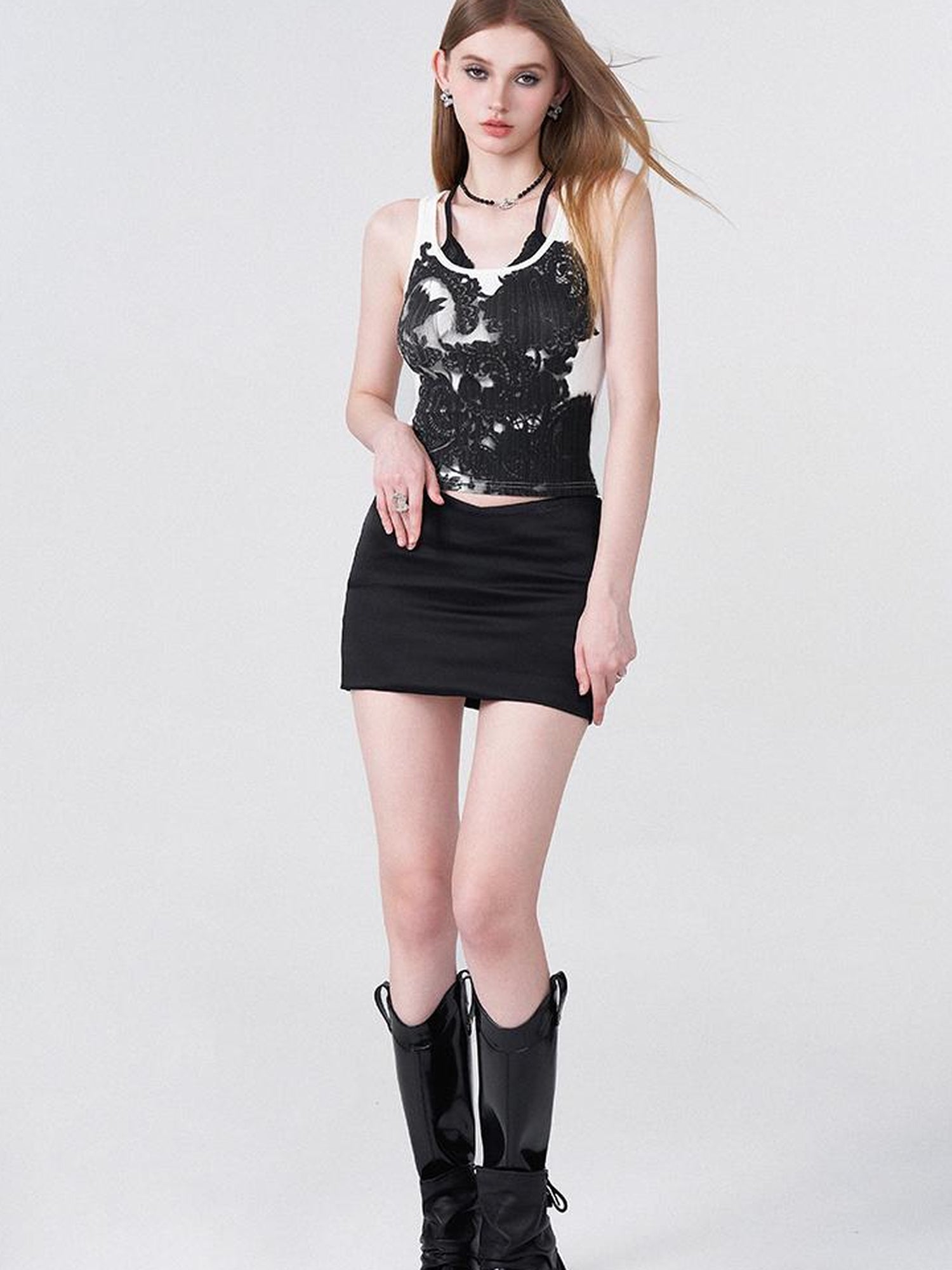 AFTADAWN Distressed Lace Trimmed Camisole With Illusion Print