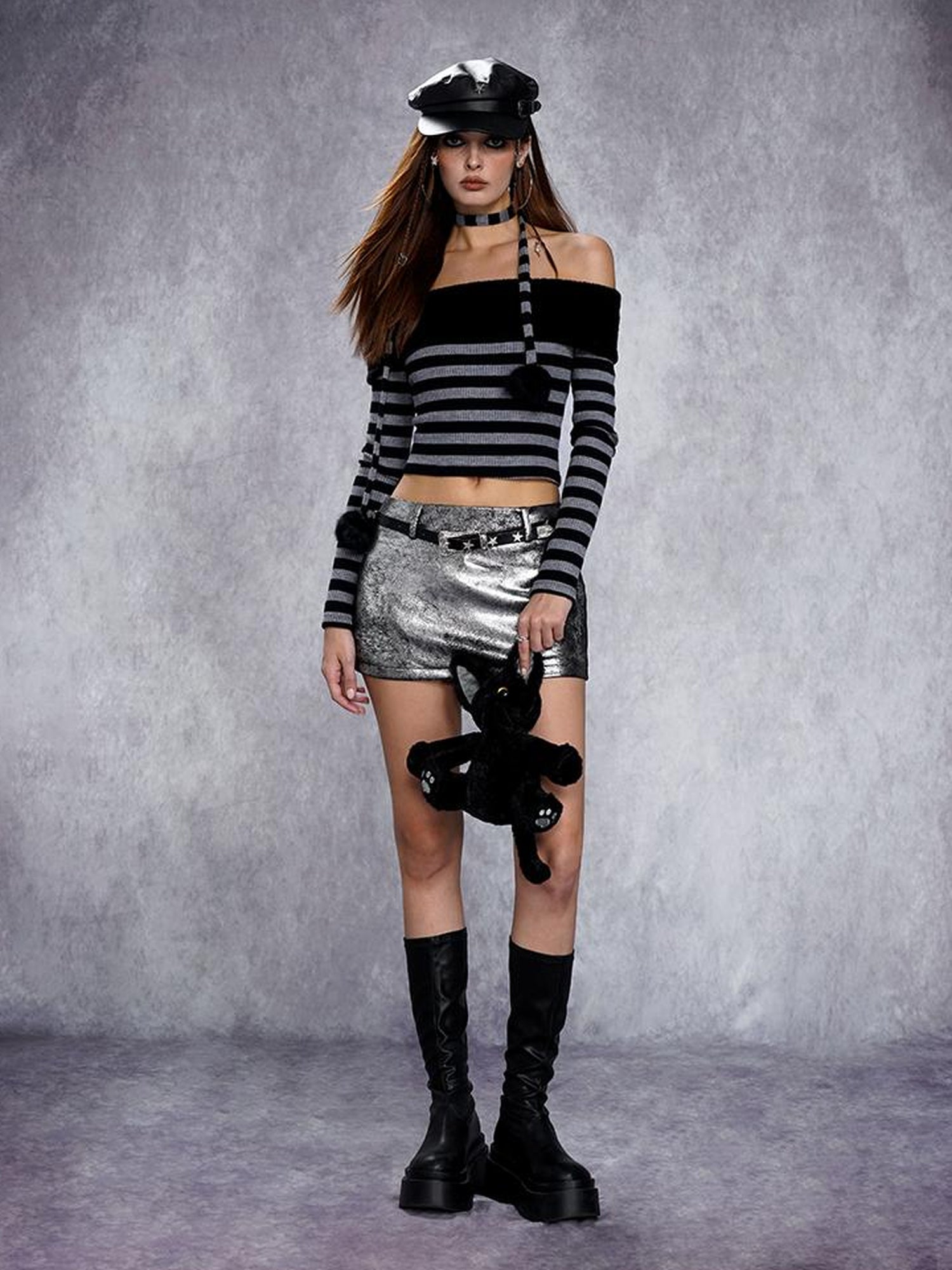 AFTADAWN Distressed Metallic Silver Texture Mini Skirt