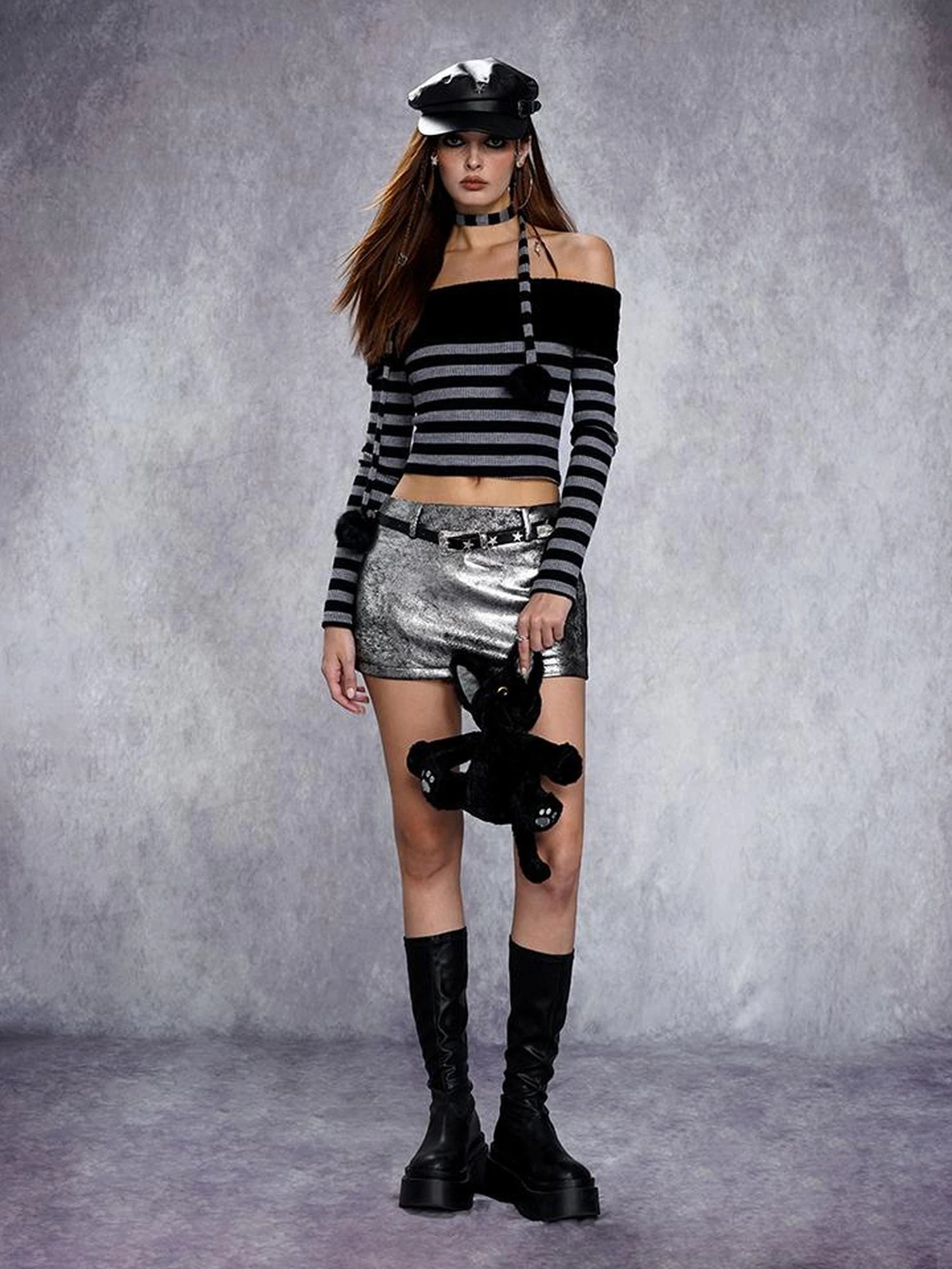 Distressed Metallic Silver Texture Mini Skirt