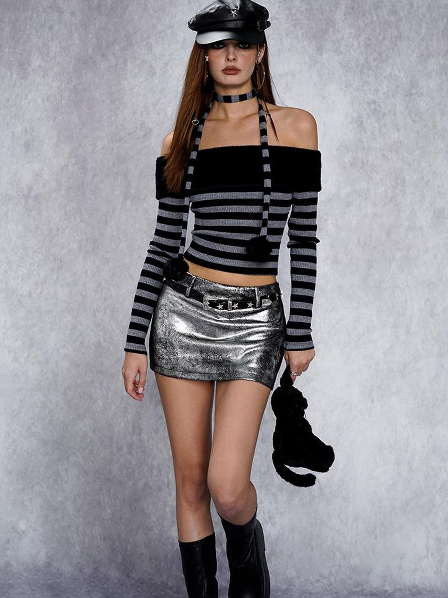 AFTADAWN Distressed Metallic Silver Texture Mini Skirt
