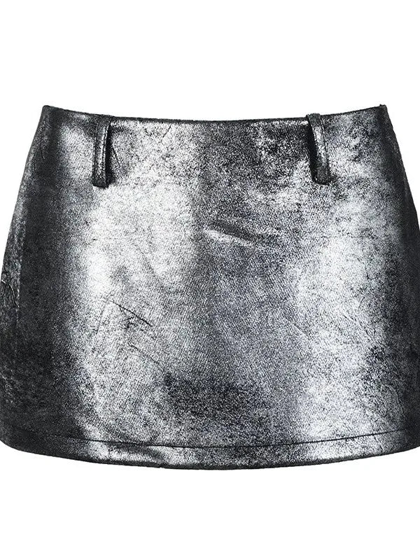 Distressed Metallic Silver Texture Mini Skirt