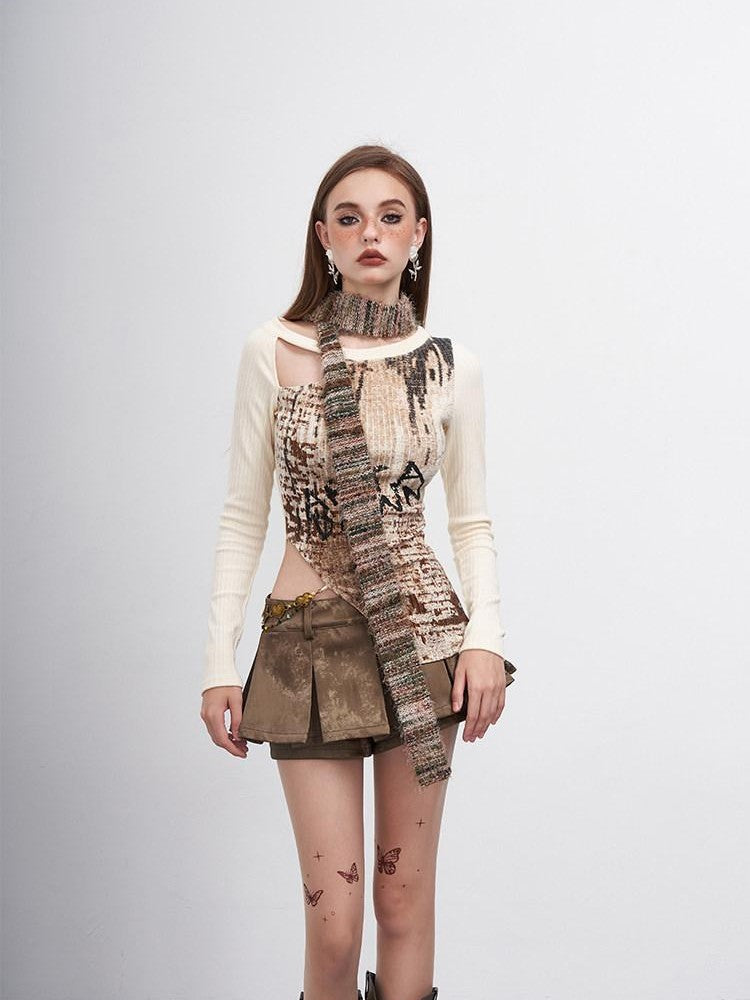AFTADAWN Distressed Print Cutout Chain Asymmetric Women&