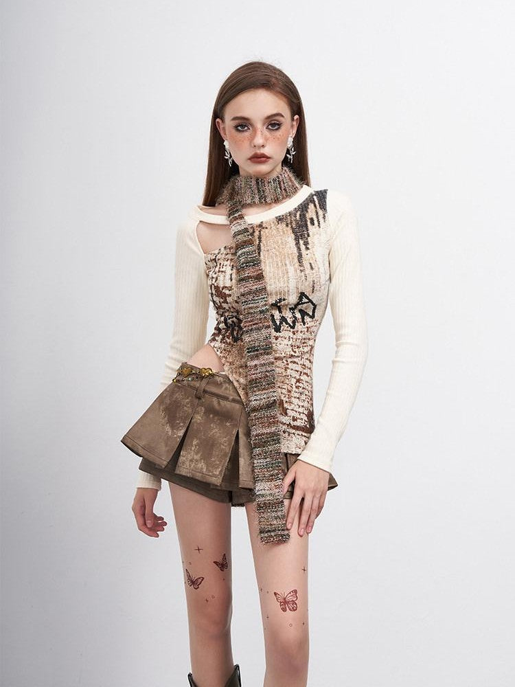 AFTADAWN Distressed Print Cutout Chain Asymmetric Women&