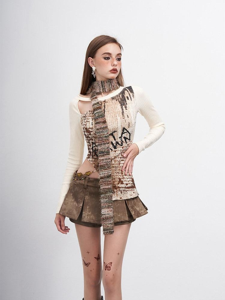 AFTADAWN Distressed Print Cutout Chain Asymmetric Women&