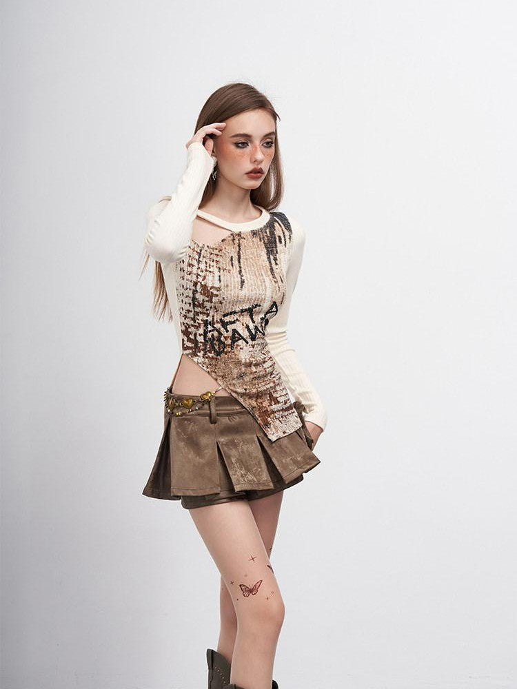 AFTADAWN Distressed Print Cutout Chain Asymmetric Women&