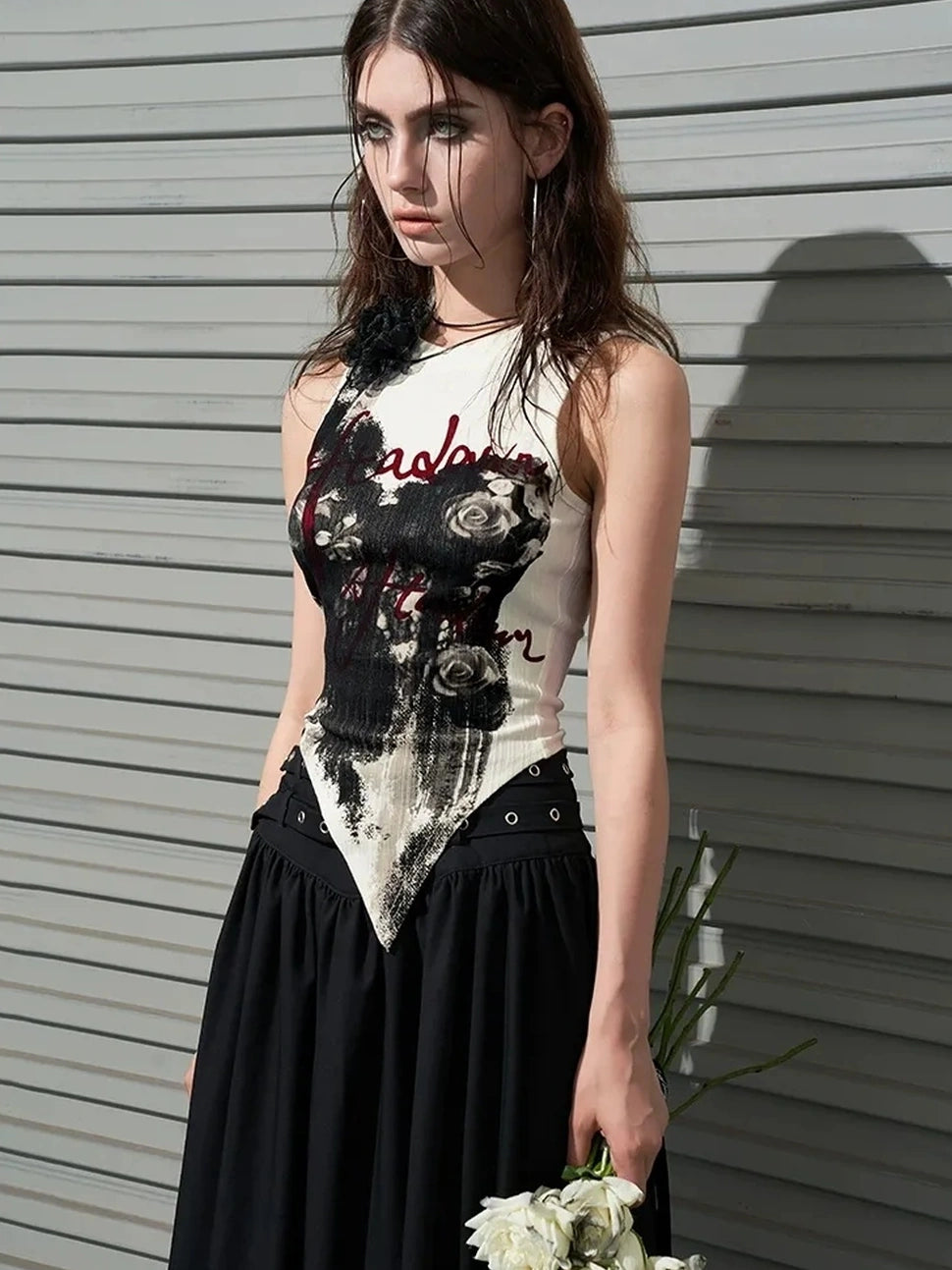 AFTADAWN Distressed Rose Hand Painted Camisole T-shirt