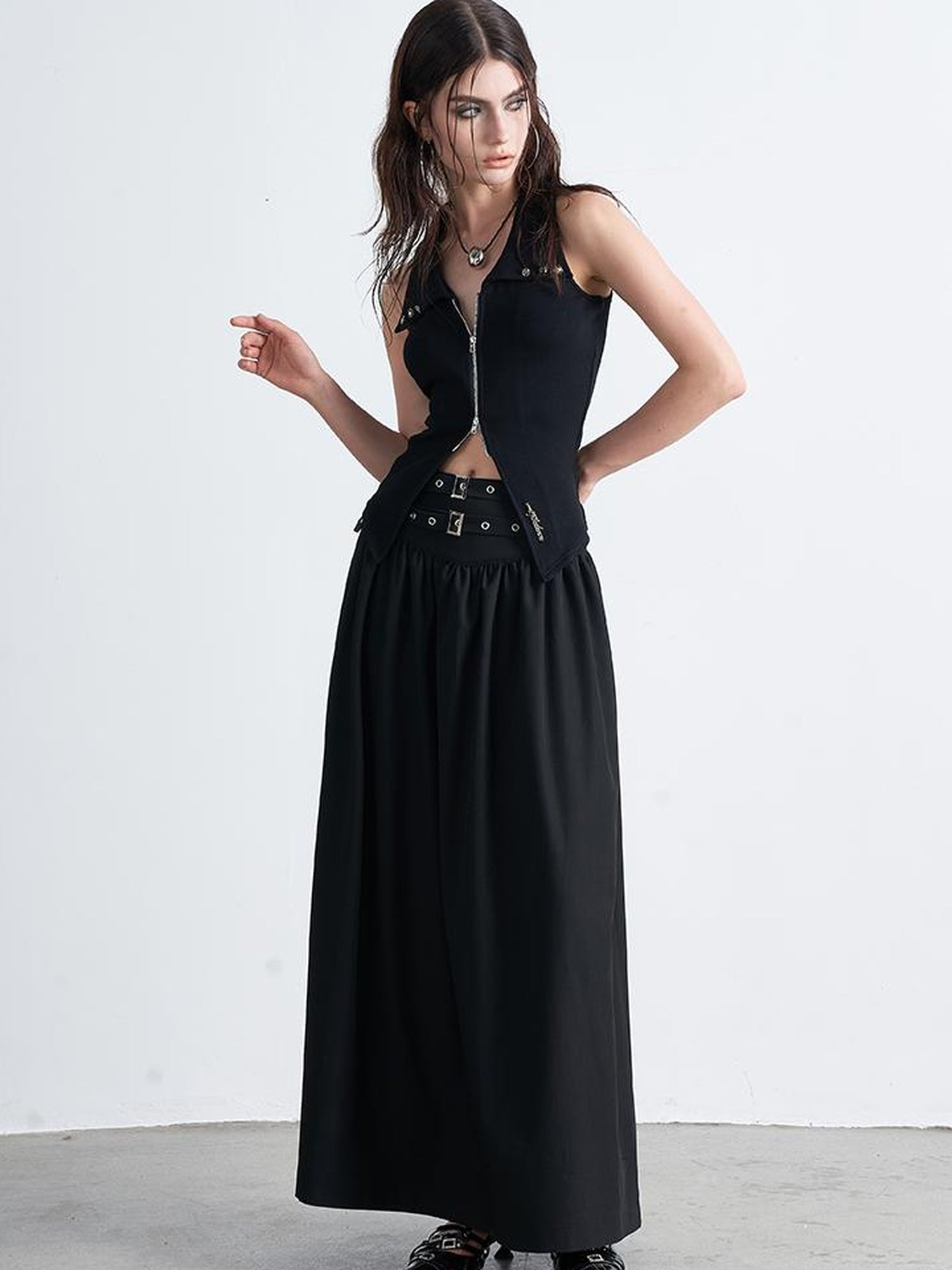 AFTADAWN Double Belt Heavy Duty Maxi A Line Skirt