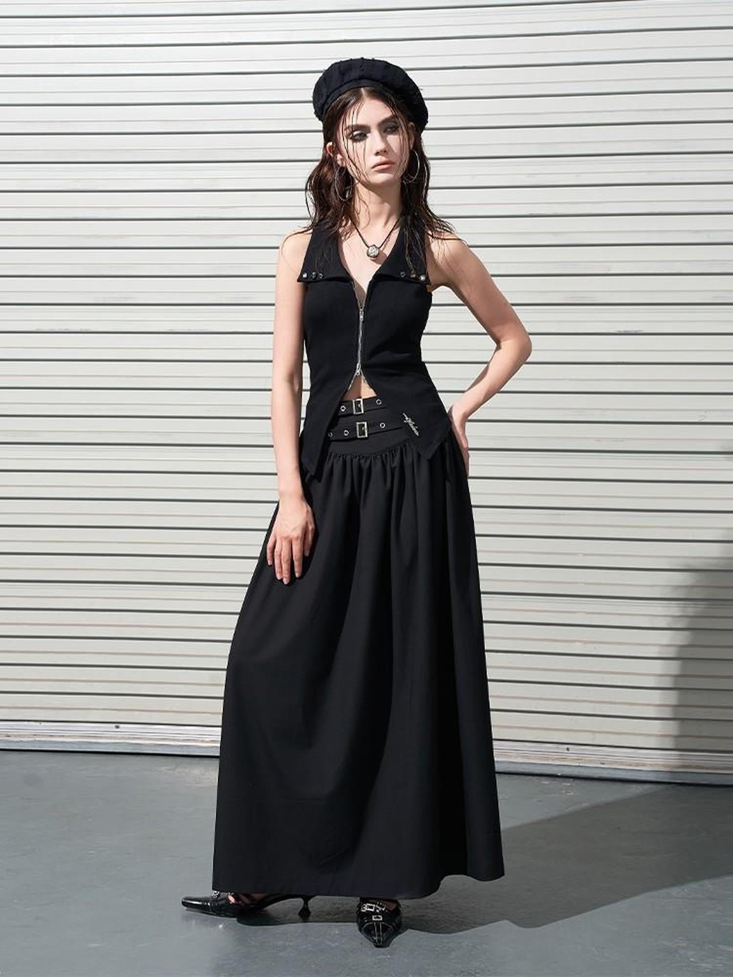 AFTADAWN Double Belt Heavy Duty Maxi A Line Skirt