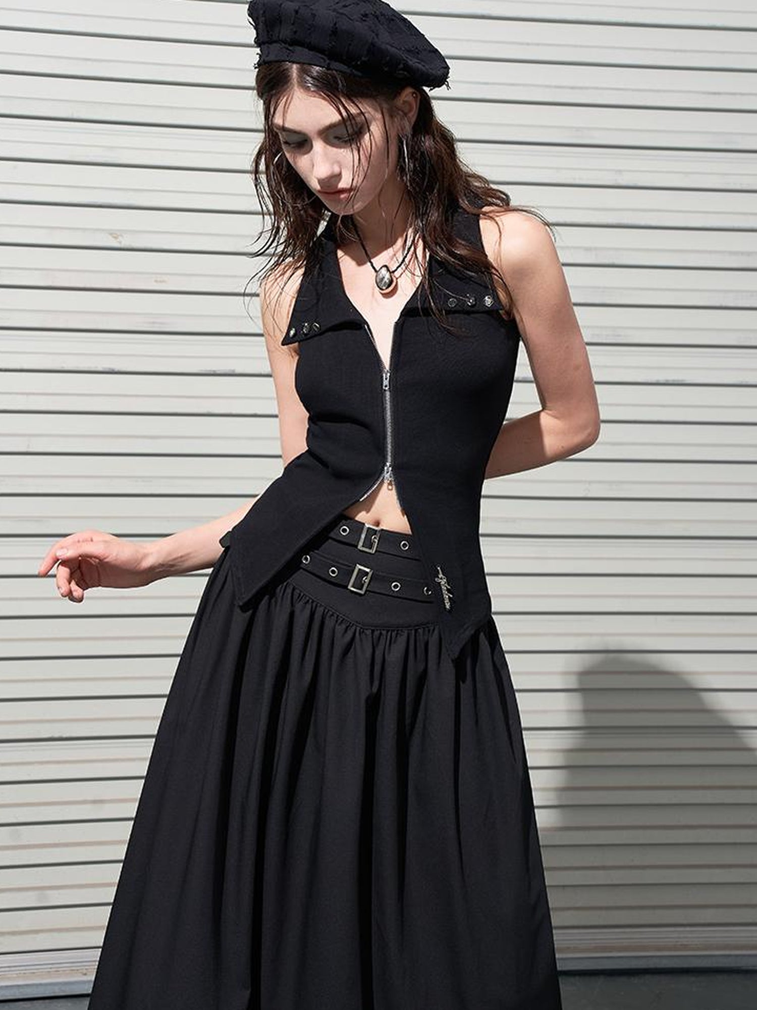 AFTADAWN Double Belt Heavy Duty Maxi A Line Skirt