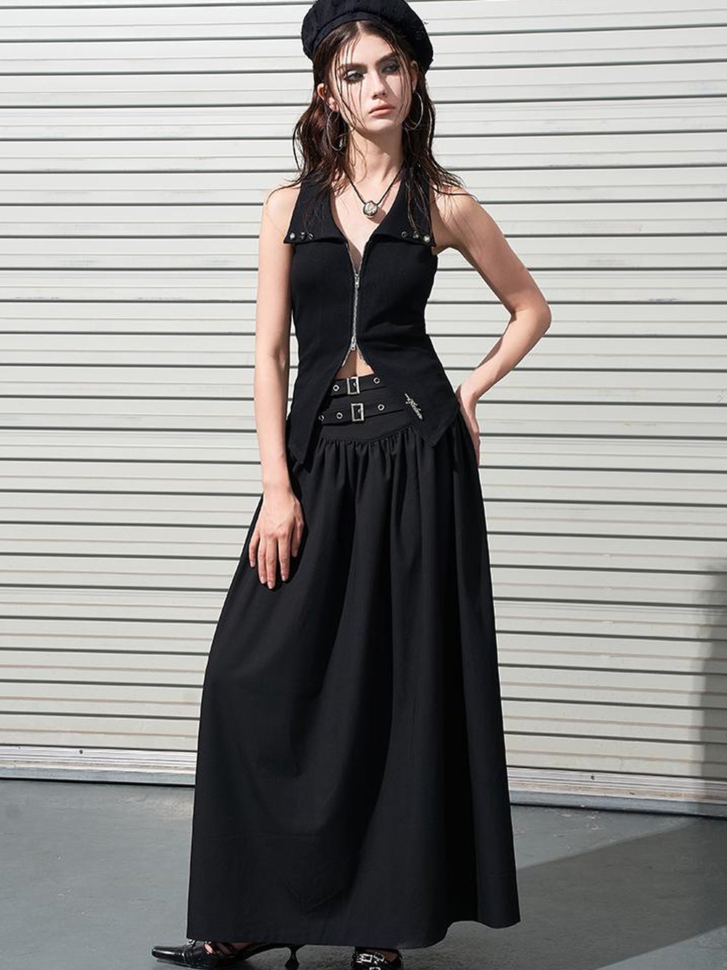 AFTADAWN Double Belt Heavy Duty Maxi A Line Skirt