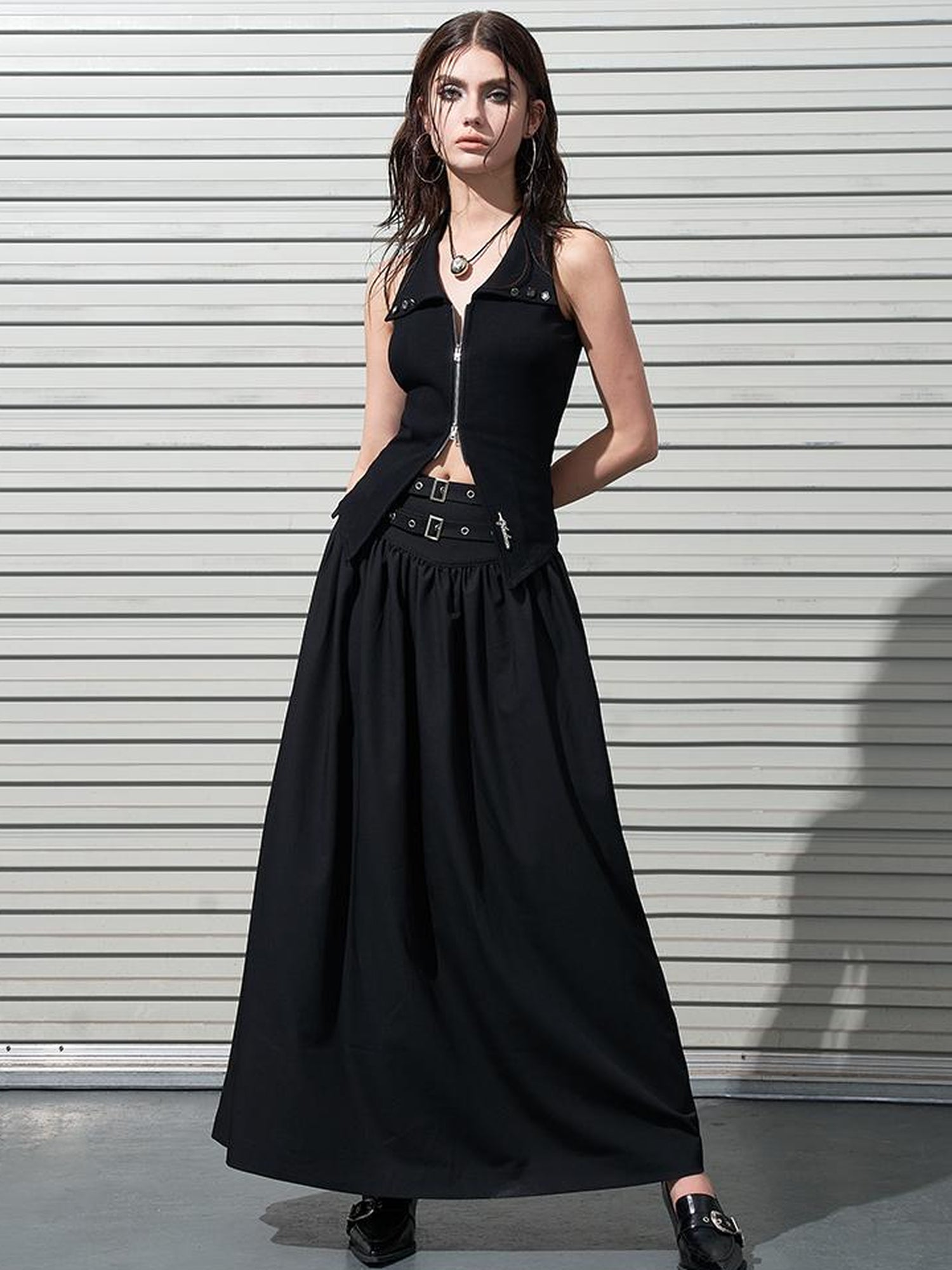 AFTADAWN Double Belt Heavy Duty Maxi A Line Skirt