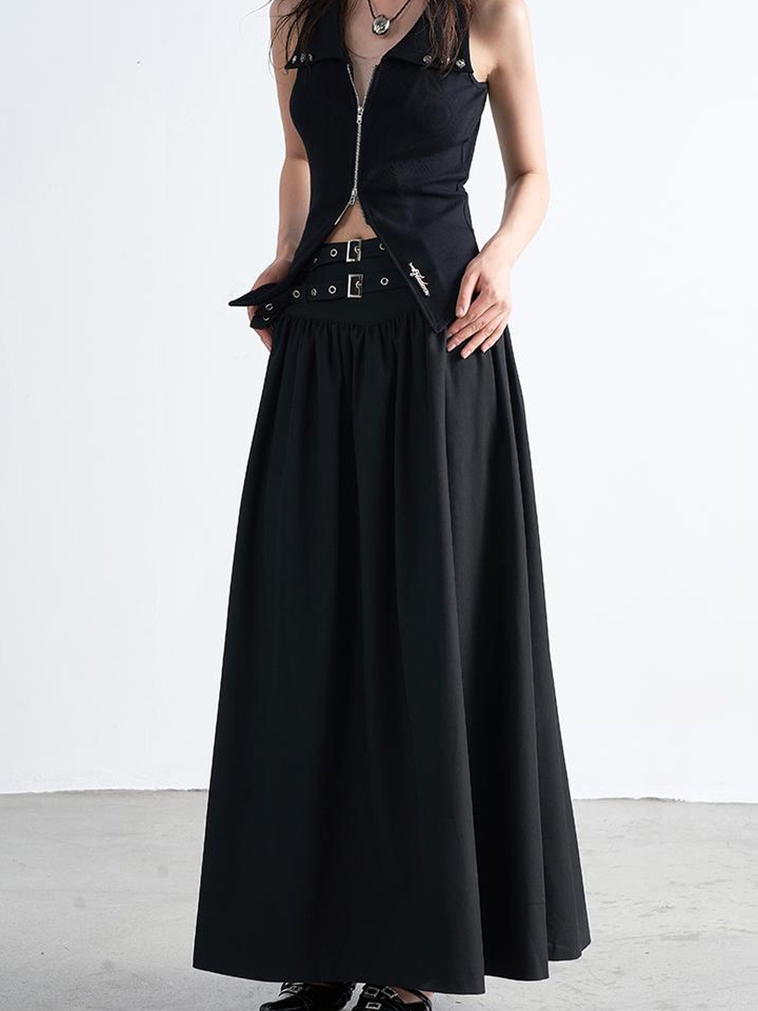 AFTADAWN Double Belt Heavy Duty Maxi A Line Skirt