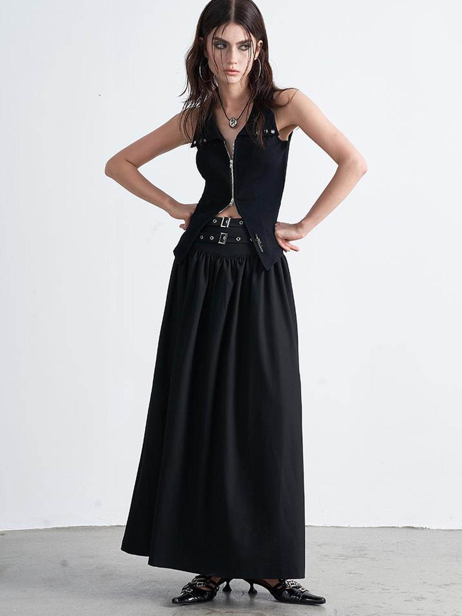 AFTADAWN Double Belt Heavy Duty Maxi A Line Skirt