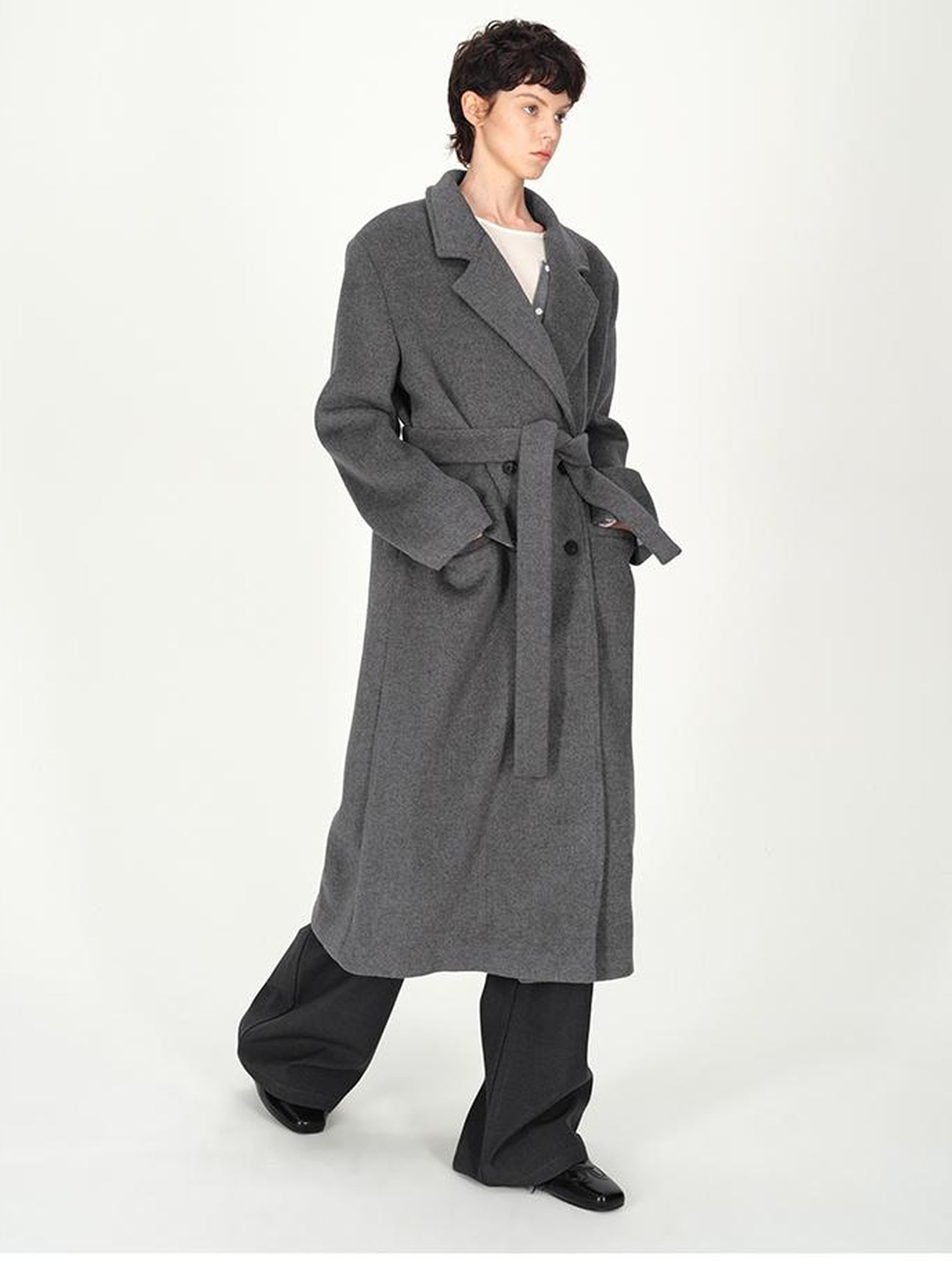 AFTADAWN Double Breasted Gray Wool Overcoat With Detachable Belt