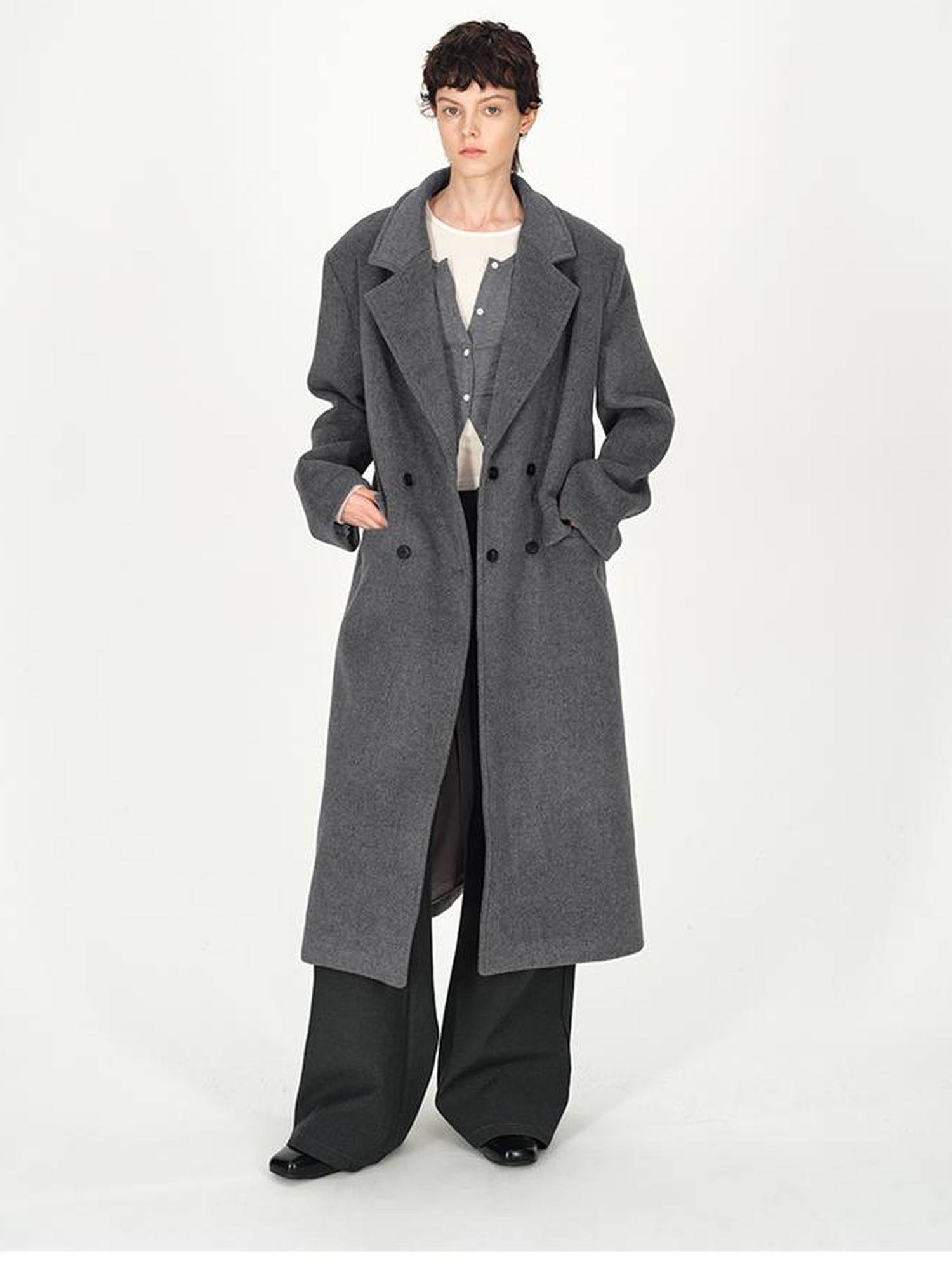 AFTADAWN Double Breasted Gray Wool Overcoat With Detachable Belt