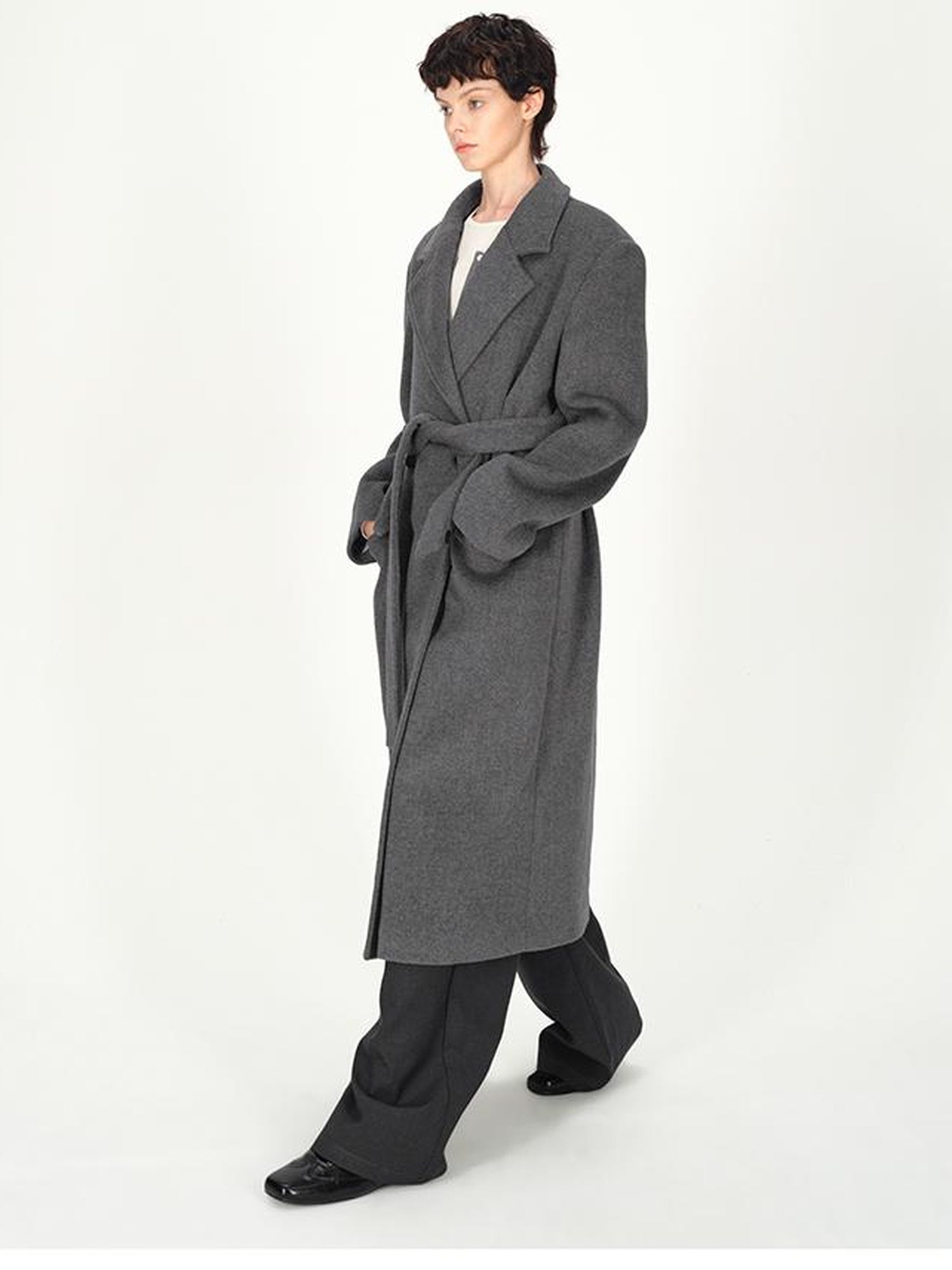 AFTADAWN Double Breasted Gray Wool Overcoat With Detachable Belt