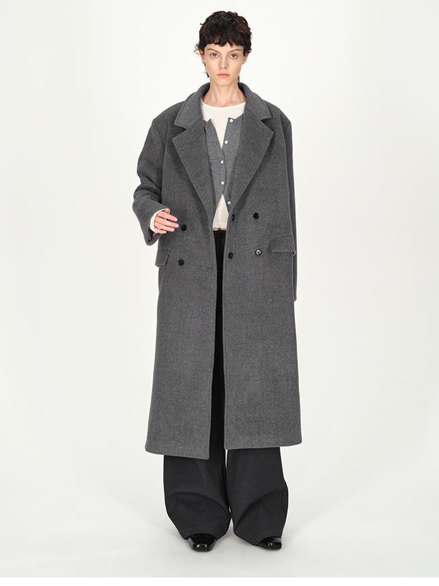 AFTADAWN Double Breasted Gray Wool Overcoat With Detachable Belt