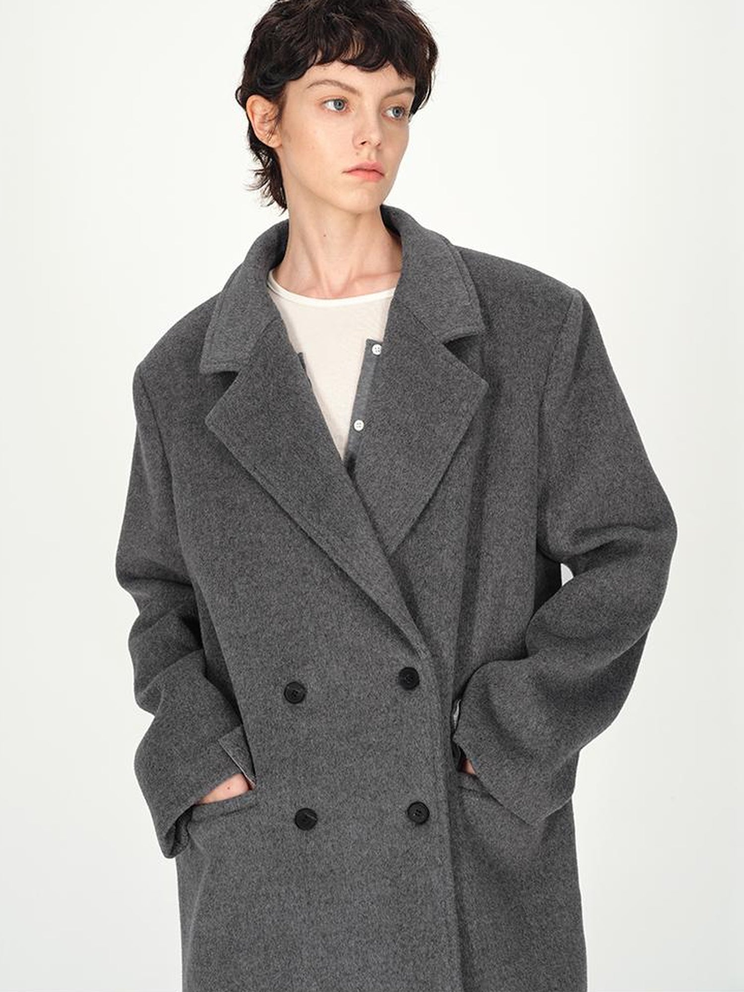 AFTADAWN Double Breasted Gray Wool Overcoat With Detachable Belt