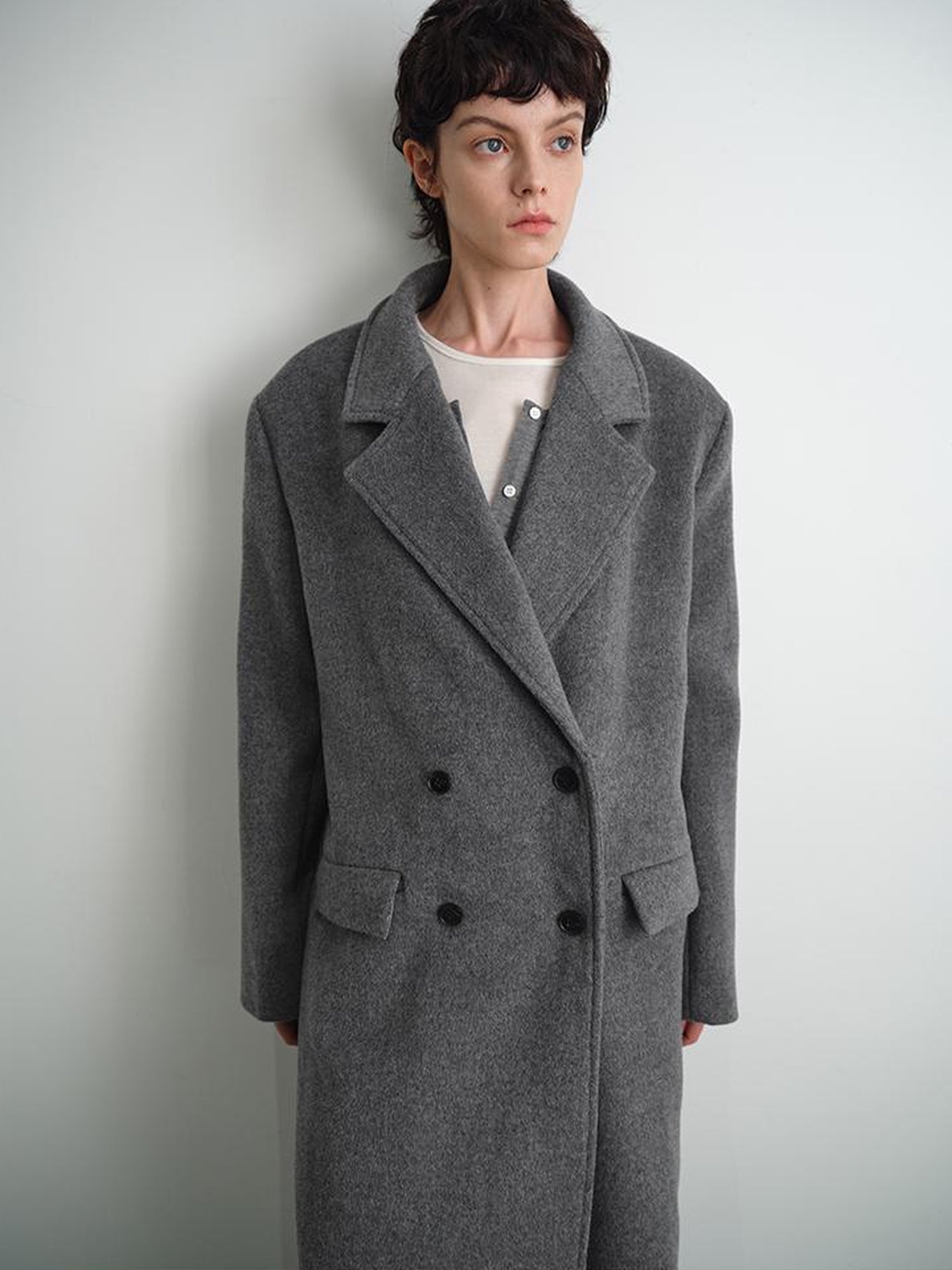 AFTADAWN Double Breasted Gray Wool Overcoat With Detachable Belt