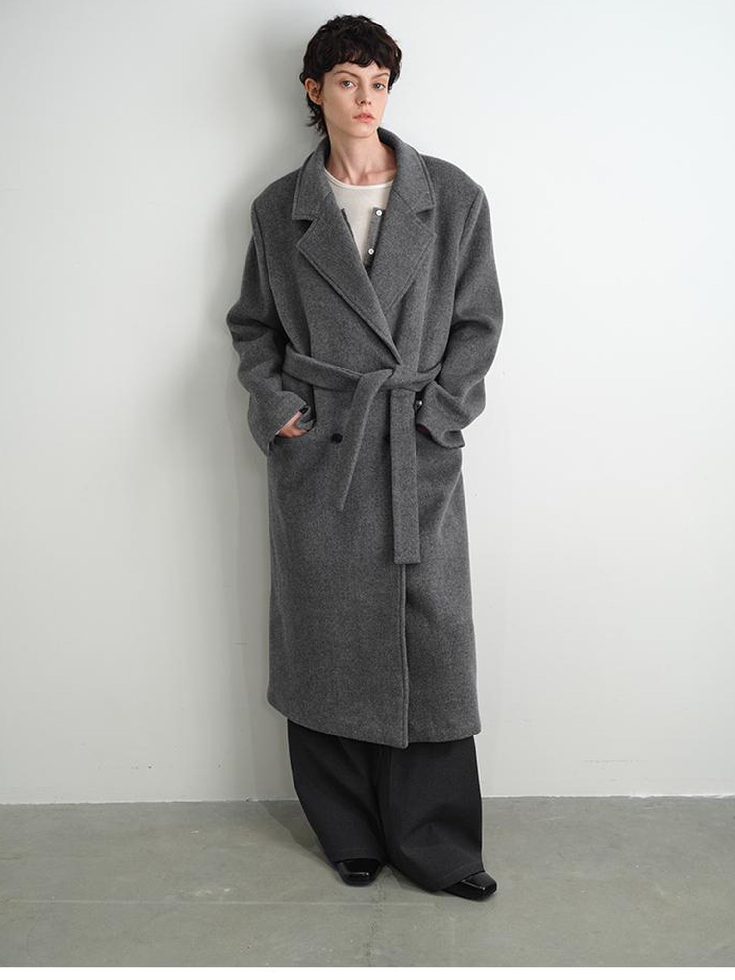 AFTADAWN Double Breasted Gray Wool Overcoat With Detachable Belt