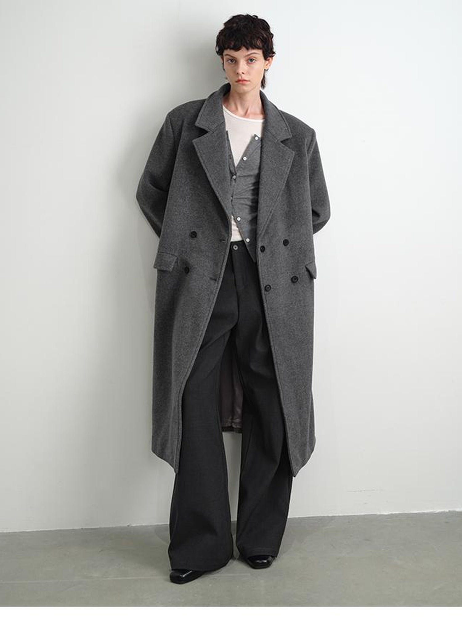 AFTADAWN Double Breasted Gray Wool Overcoat With Detachable Belt