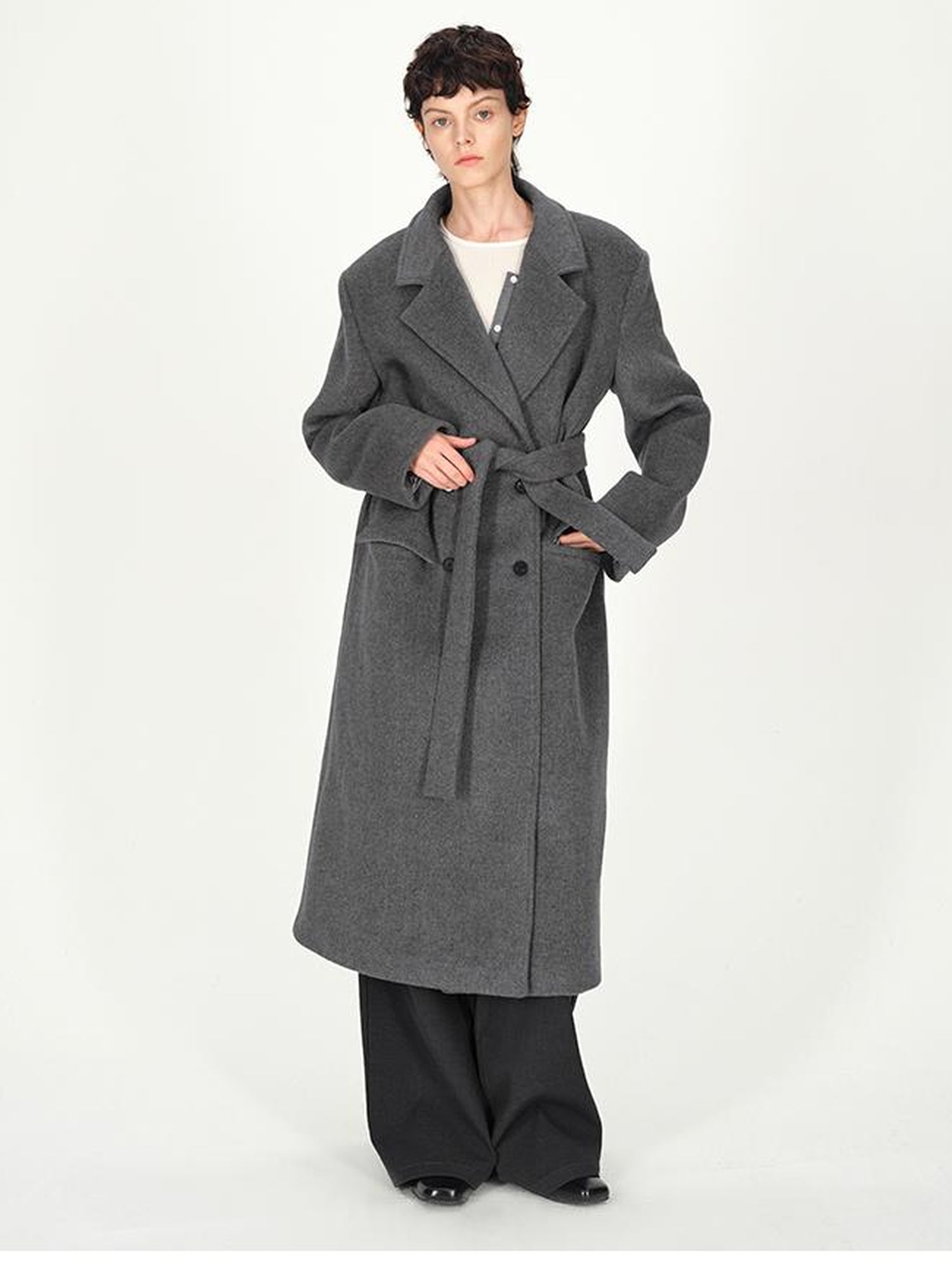 AFTADAWN Double Breasted Gray Wool Overcoat With Detachable Belt
