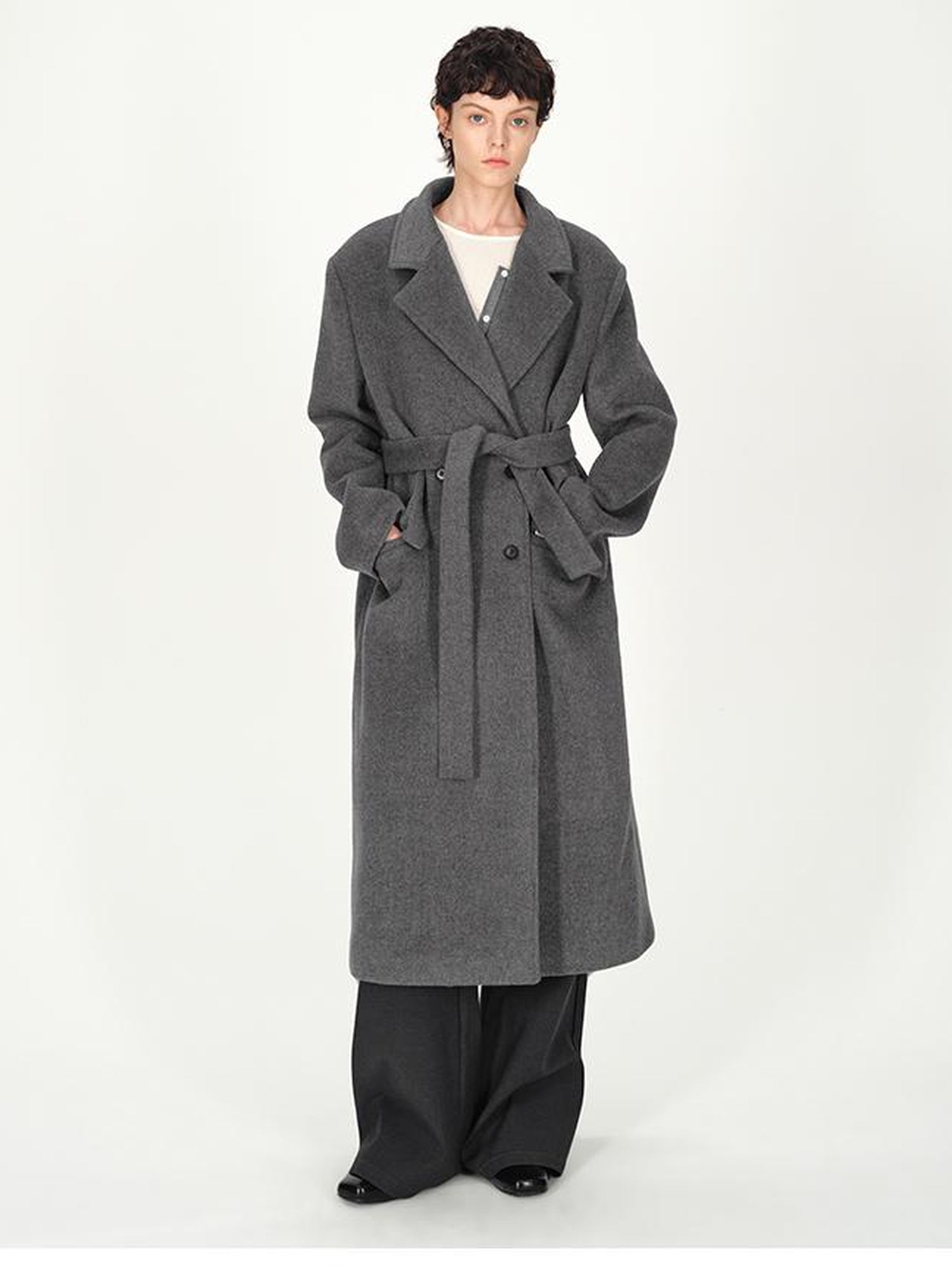 AFTADAWN Double Breasted Gray Wool Overcoat With Detachable Belt