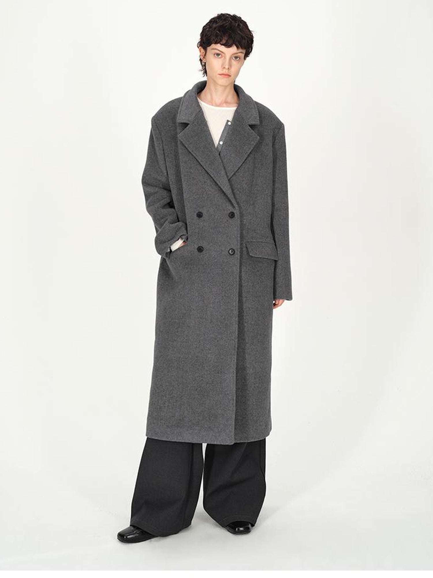 AFTADAWN Double Breasted Gray Wool Overcoat With Detachable Belt