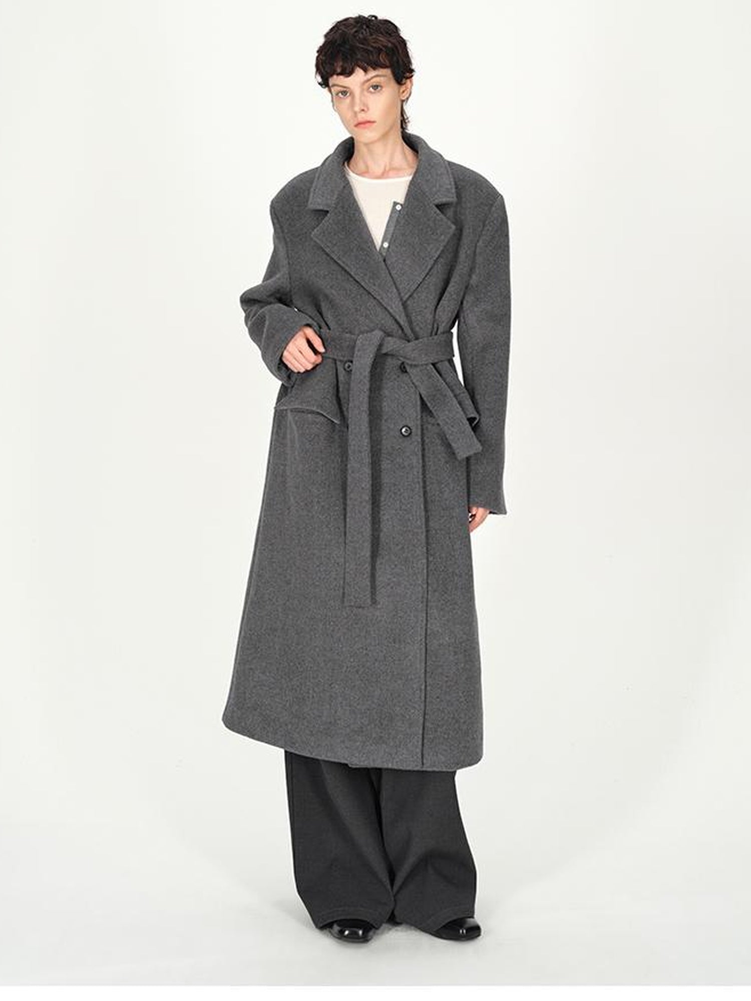 AFTADAWN Double Breasted Gray Wool Overcoat With Detachable Belt