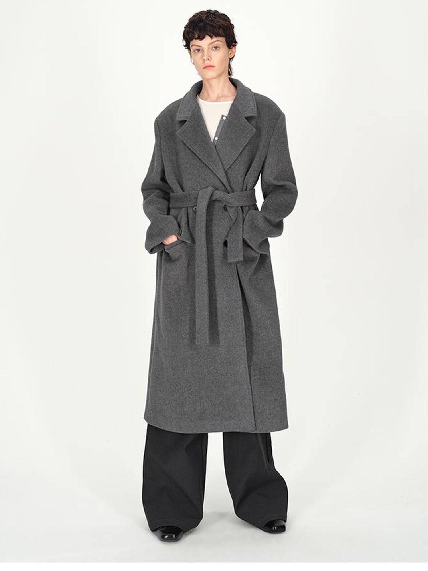 AFTADAWN Double Breasted Gray Wool Overcoat With Detachable Belt