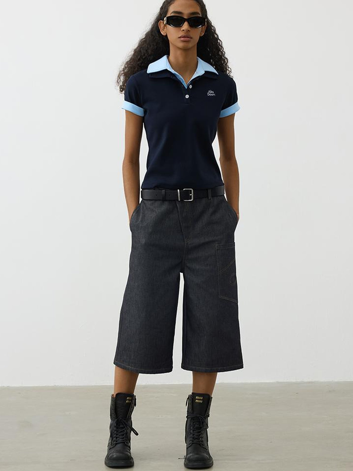 AFTADAWN Double Collar Contrast Polo T-shirt