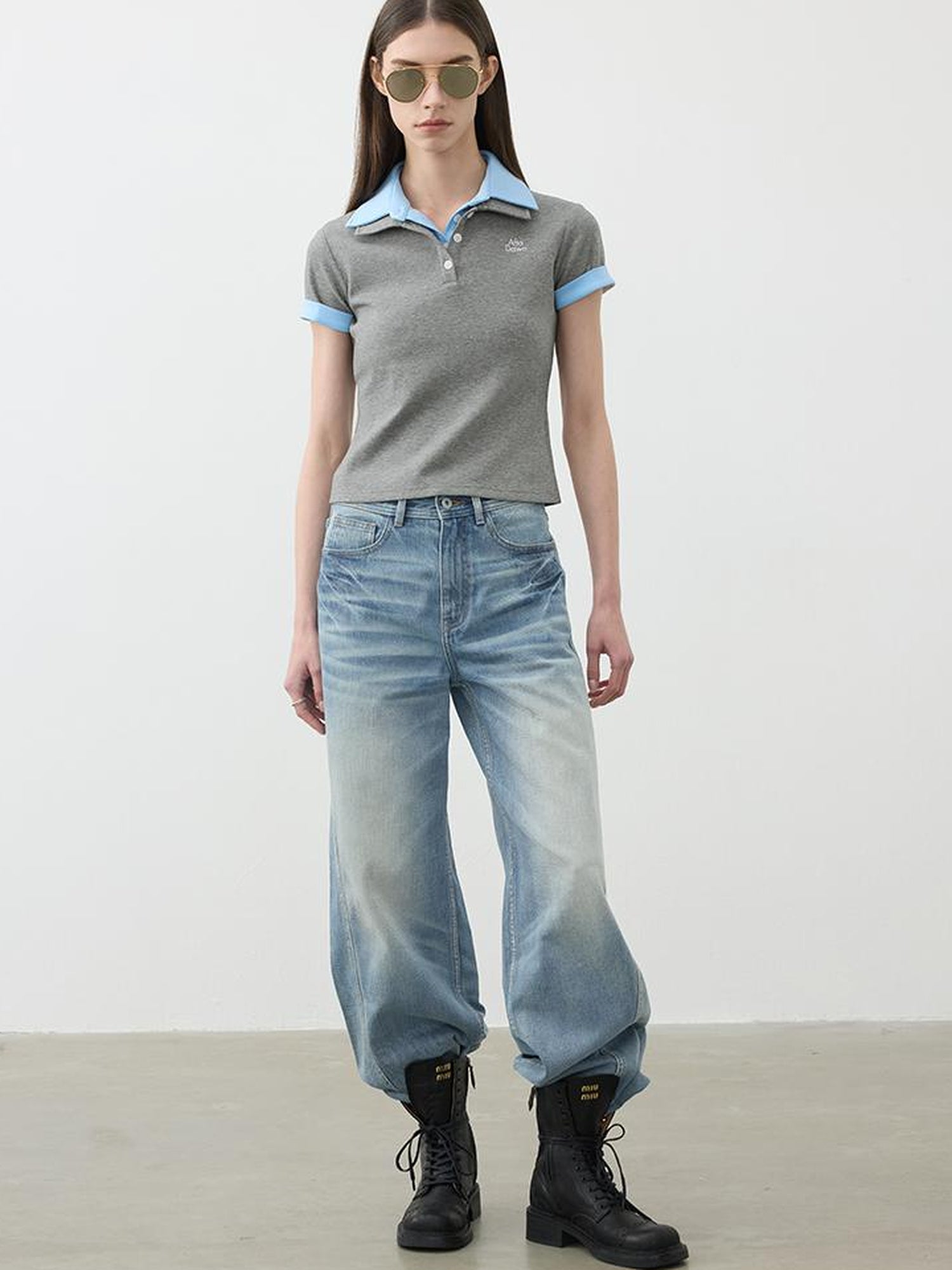 AFTADAWN Double Collar Contrast Polo T-shirt