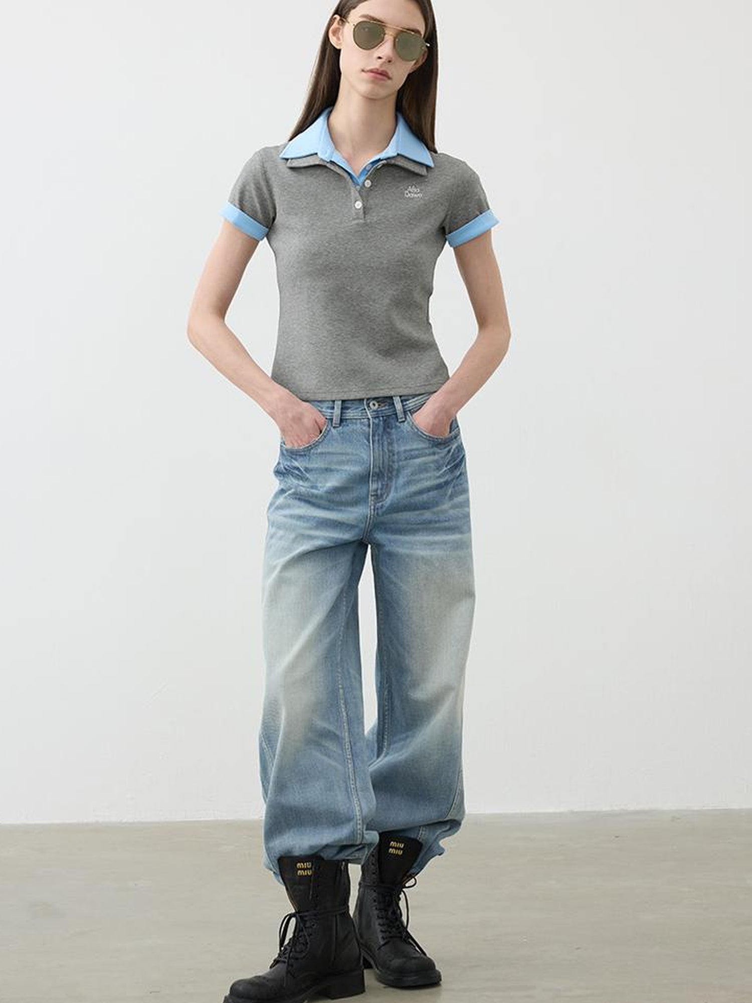 AFTADAWN Double Collar Contrast Polo T-shirt