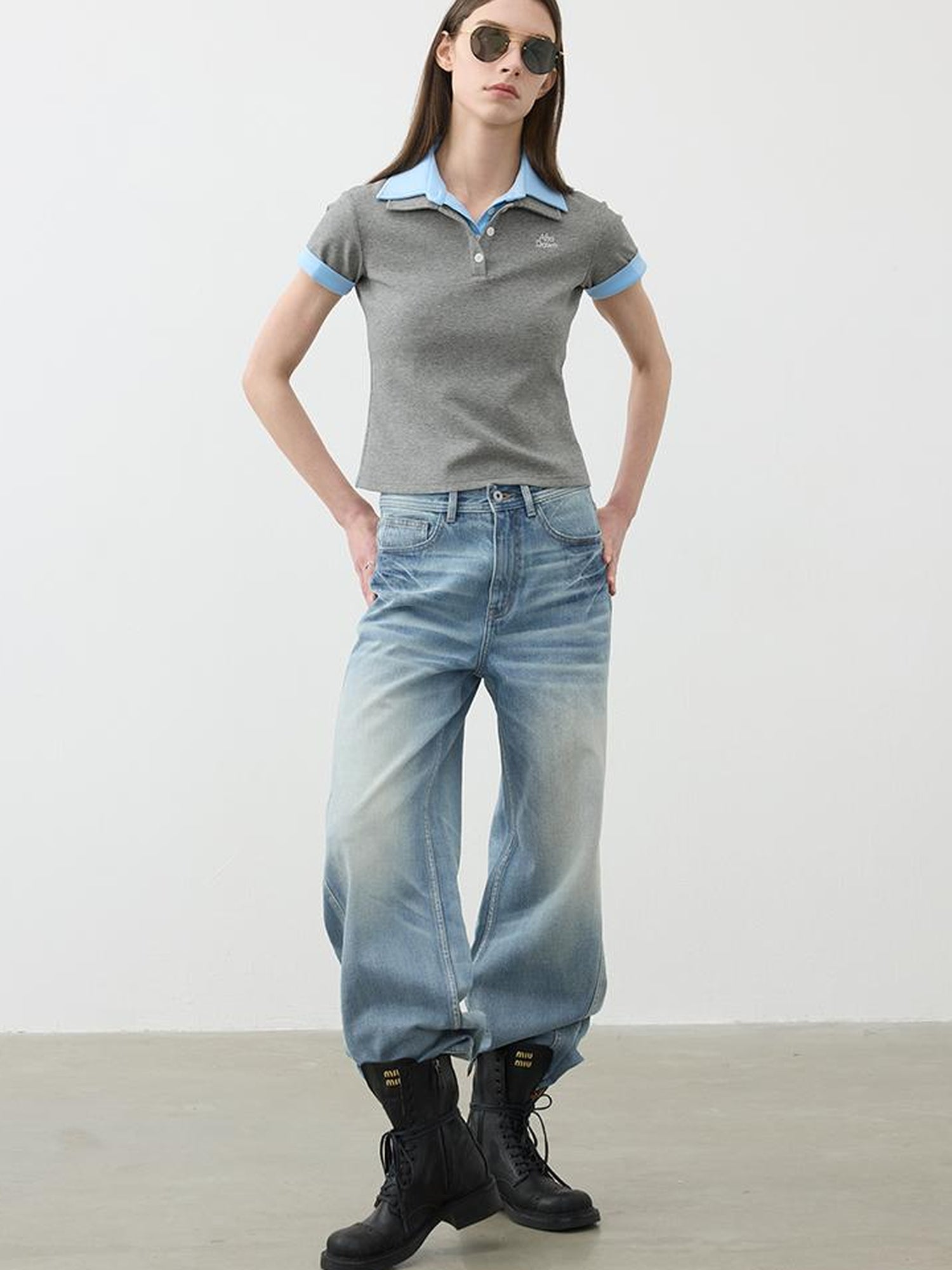 AFTADAWN Double Collar Contrast Polo T-shirt