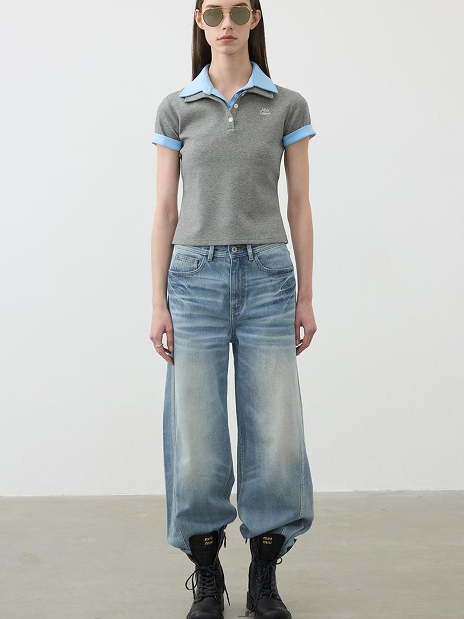 AFTADAWN Double Collar Contrast Polo T-shirt