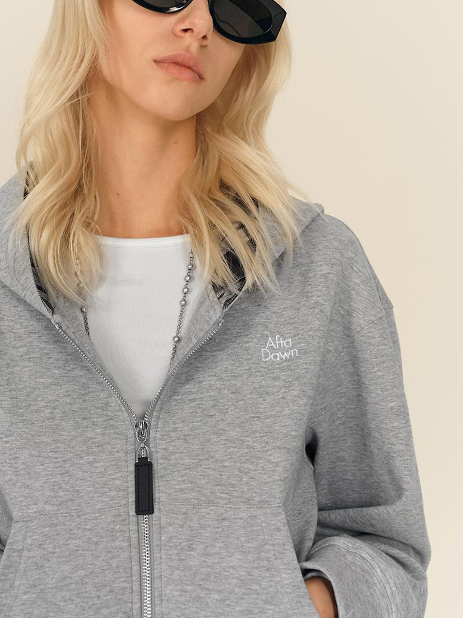 AFTADAWN Double Zip Hooded Plaid Trim Cotton Blend Sweatshirt