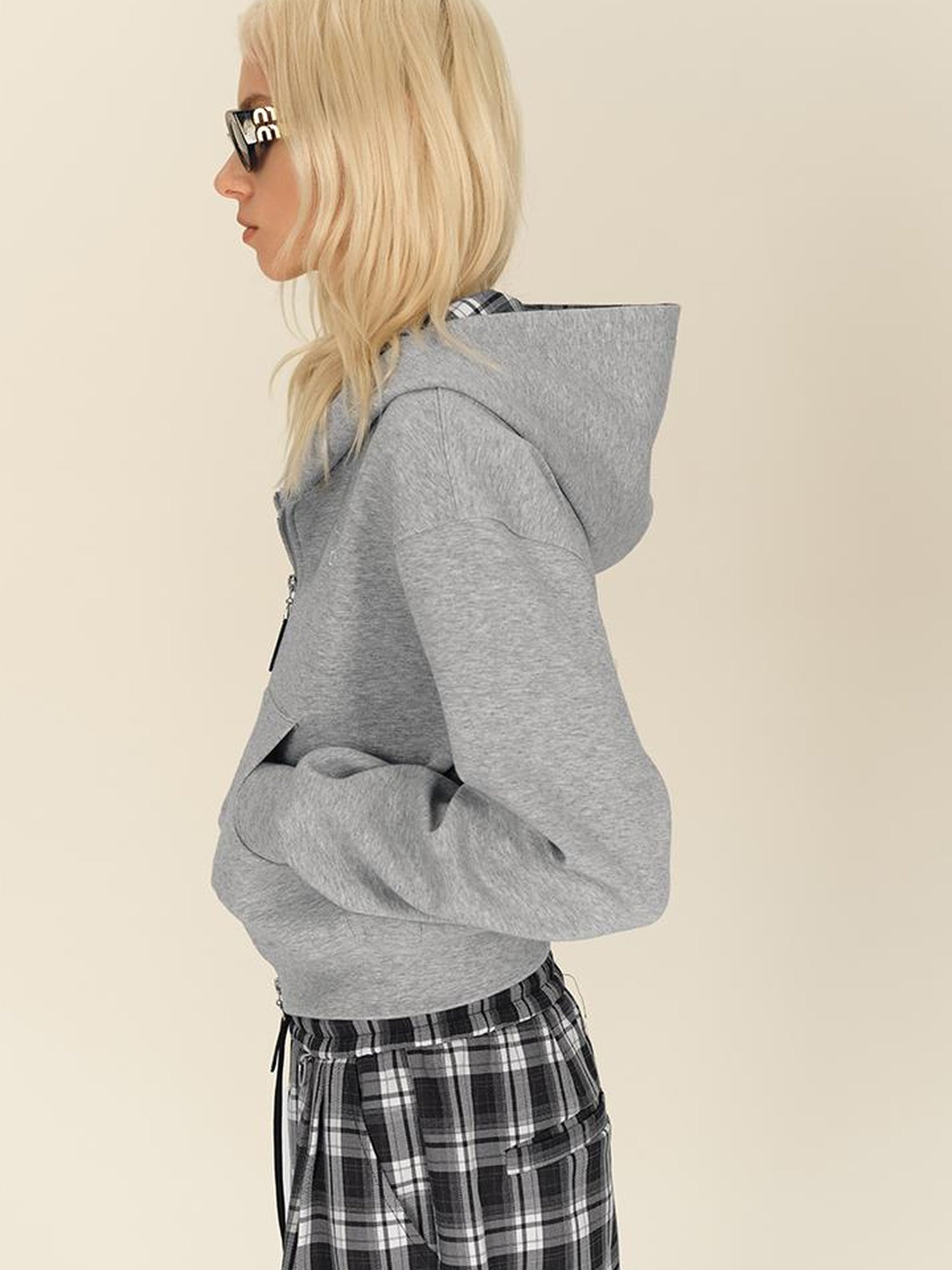 AFTADAWN Double Zip Hooded Plaid Trim Cotton Blend Sweatshirt