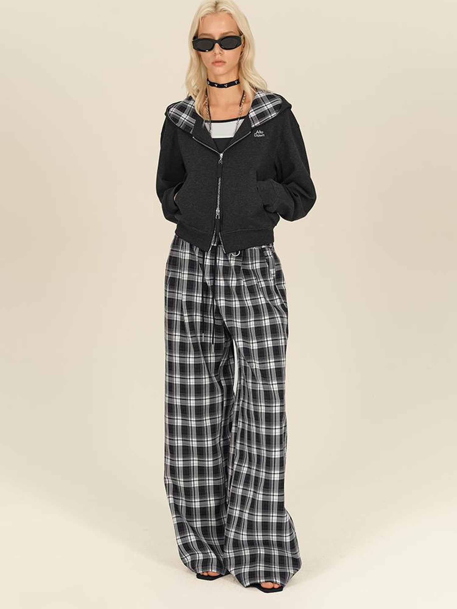 AFTADAWN Double Zip Hooded Plaid Trim Cotton Blend Sweatshirt