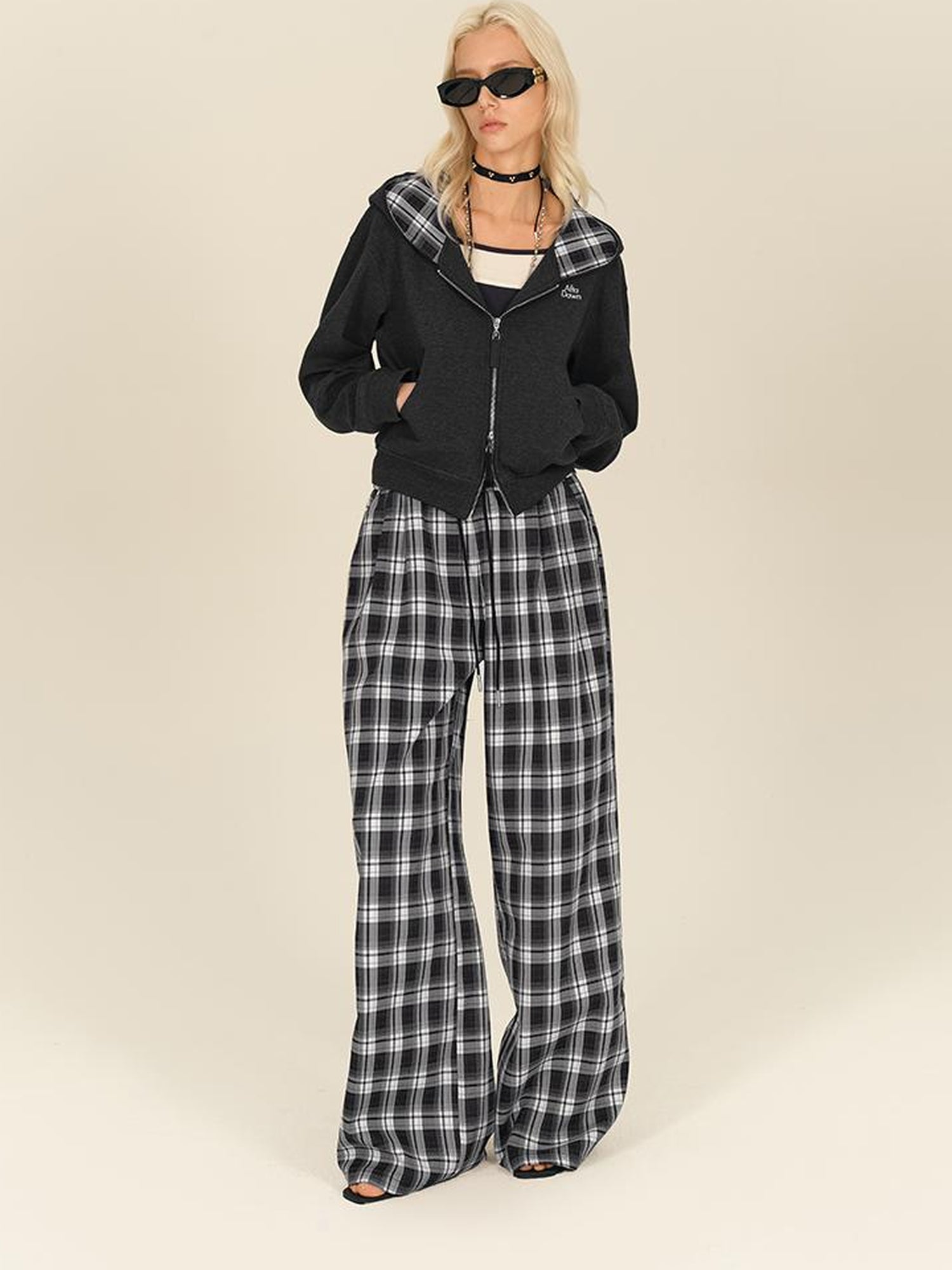 AFTADAWN Double Zip Hooded Plaid Trim Cotton Blend Sweatshirt