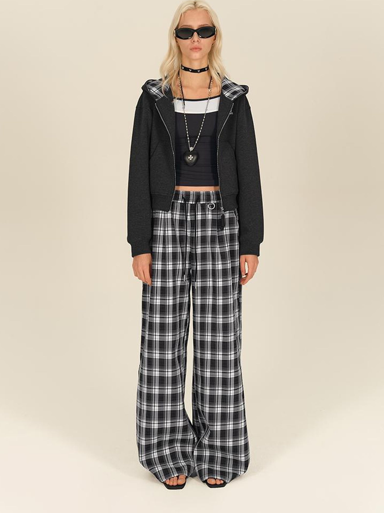 AFTADAWN Double Zip Hooded Plaid Trim Cotton Blend Sweatshirt