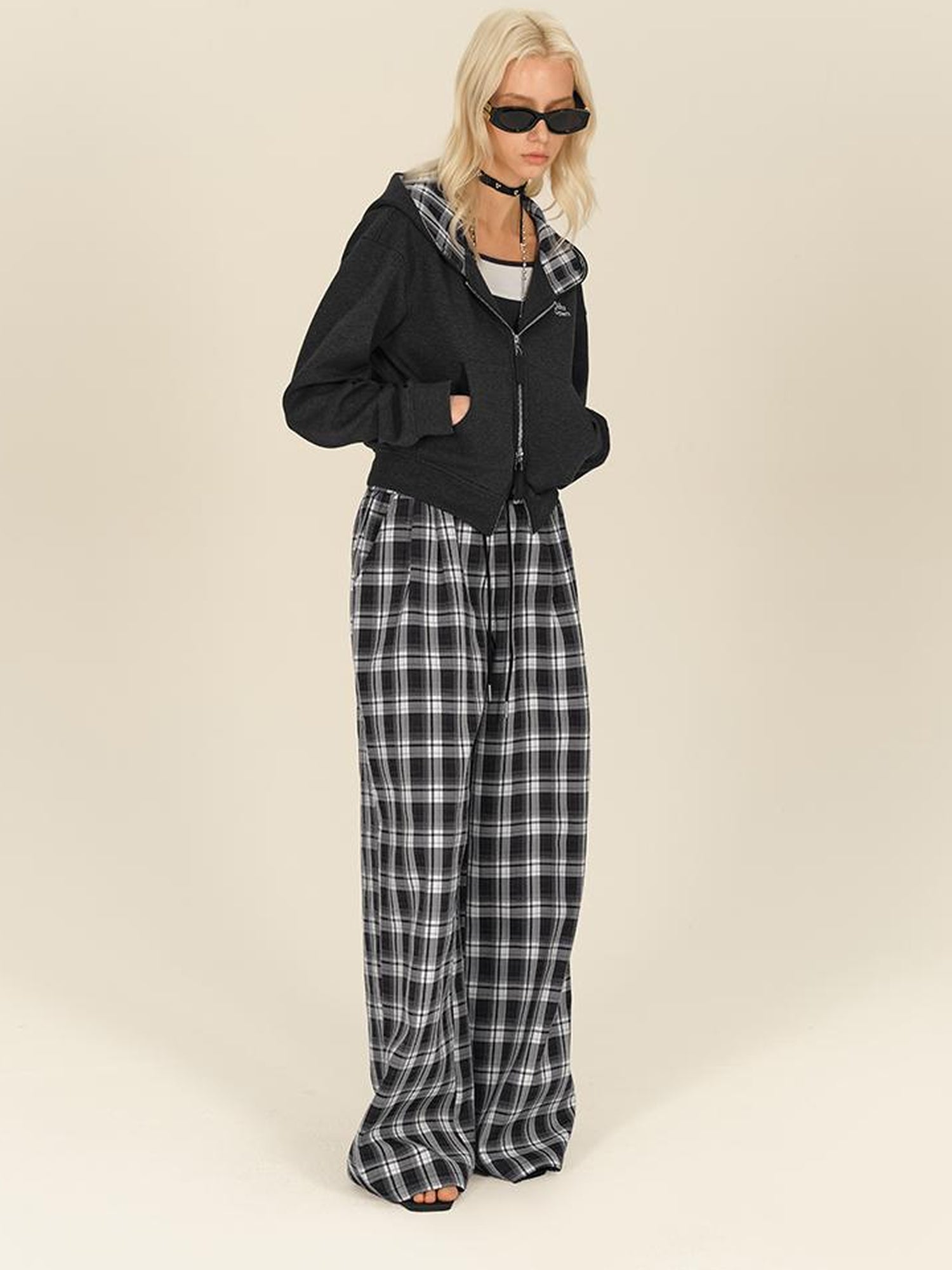 AFTADAWN Double Zip Hooded Plaid Trim Cotton Blend Sweatshirt