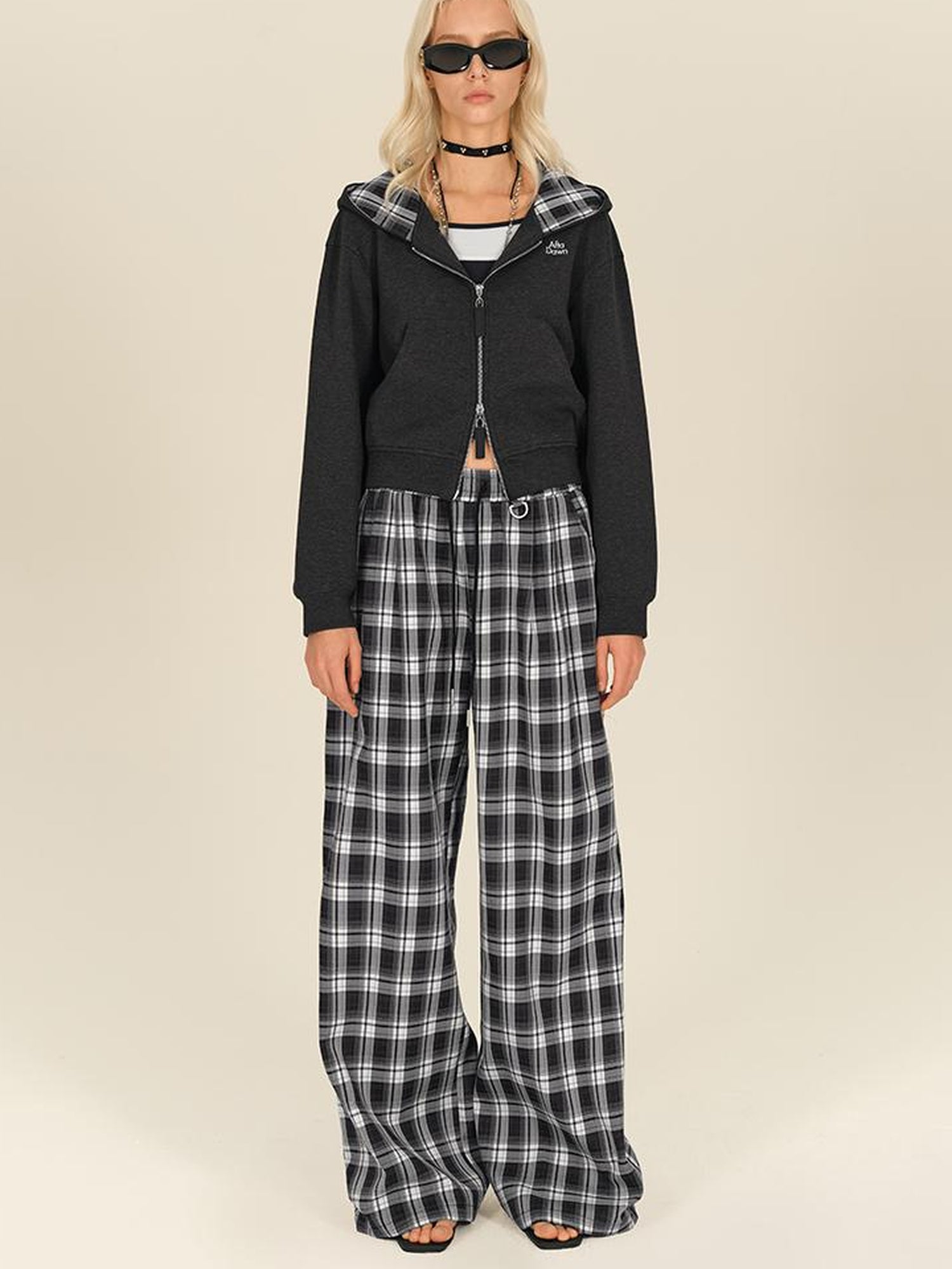 AFTADAWN Double Zip Hooded Plaid Trim Cotton Blend Sweatshirt