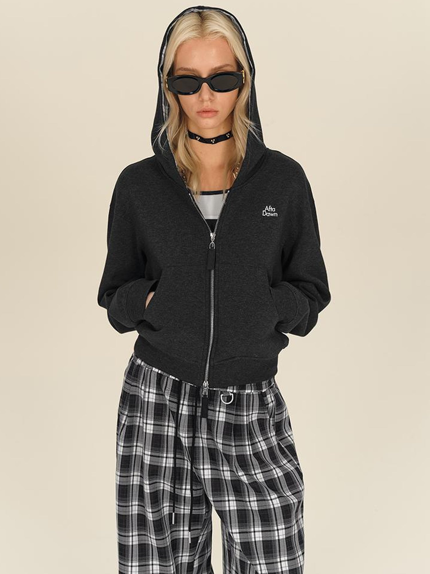 AFTADAWN Double Zip Hooded Plaid Trim Cotton Blend Sweatshirt