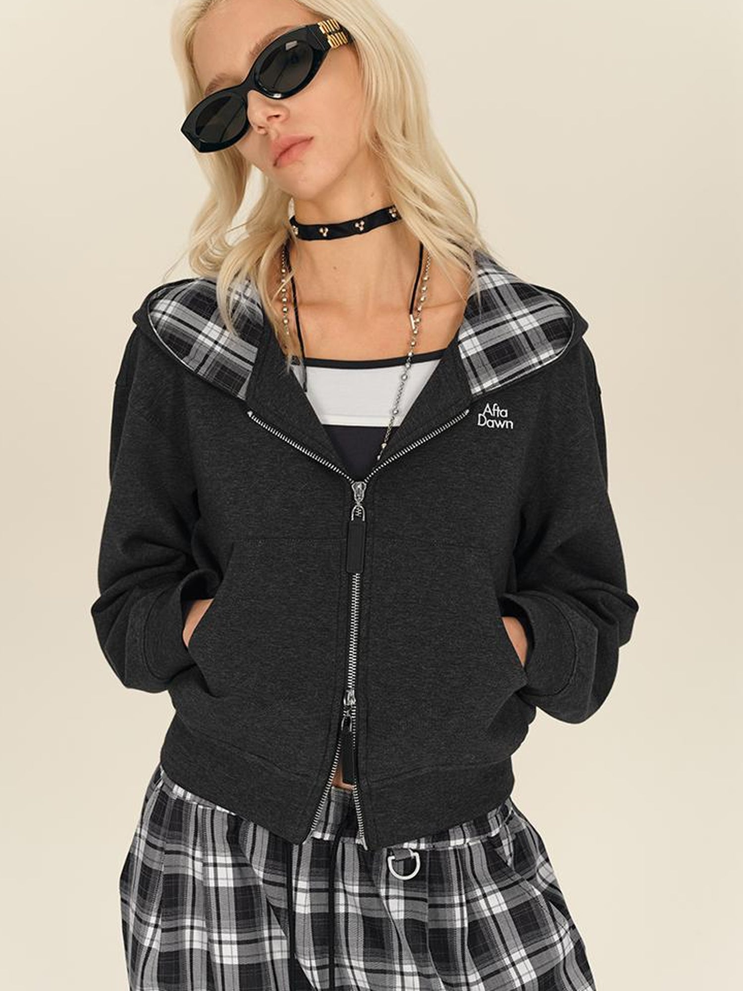 AFTADAWN Double Zip Hooded Plaid Trim Cotton Blend Sweatshirt