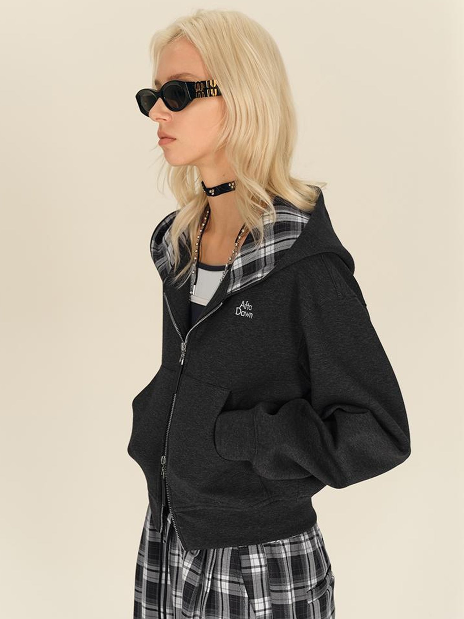 AFTADAWN Double Zip Hooded Plaid Trim Cotton Blend Sweatshirt