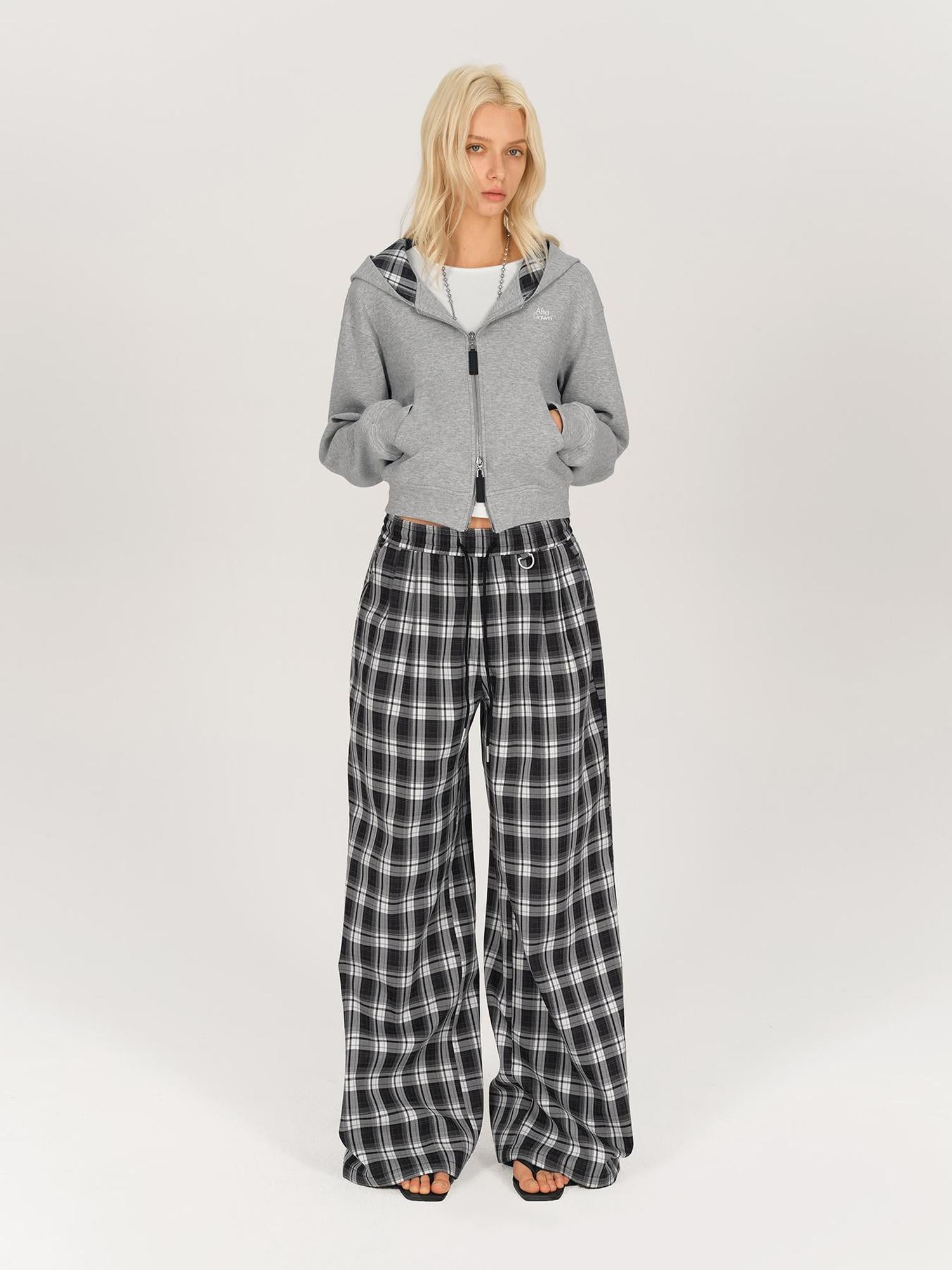 AFTADAWN Double Zip Hooded Plaid Trim Cotton Blend Sweatshirt