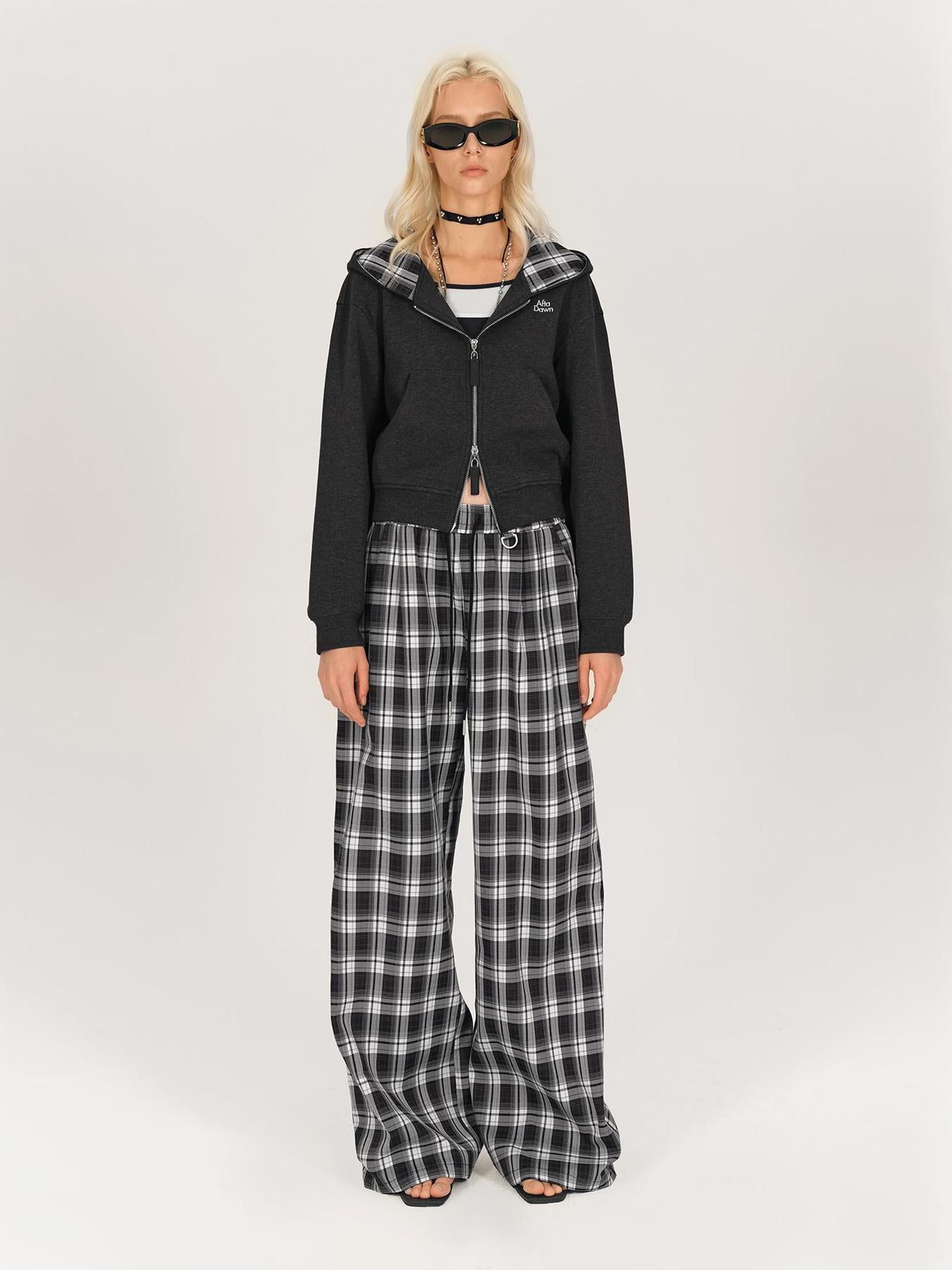 AFTADAWN Double Zip Hooded Plaid Trim Cotton Blend Sweatshirt