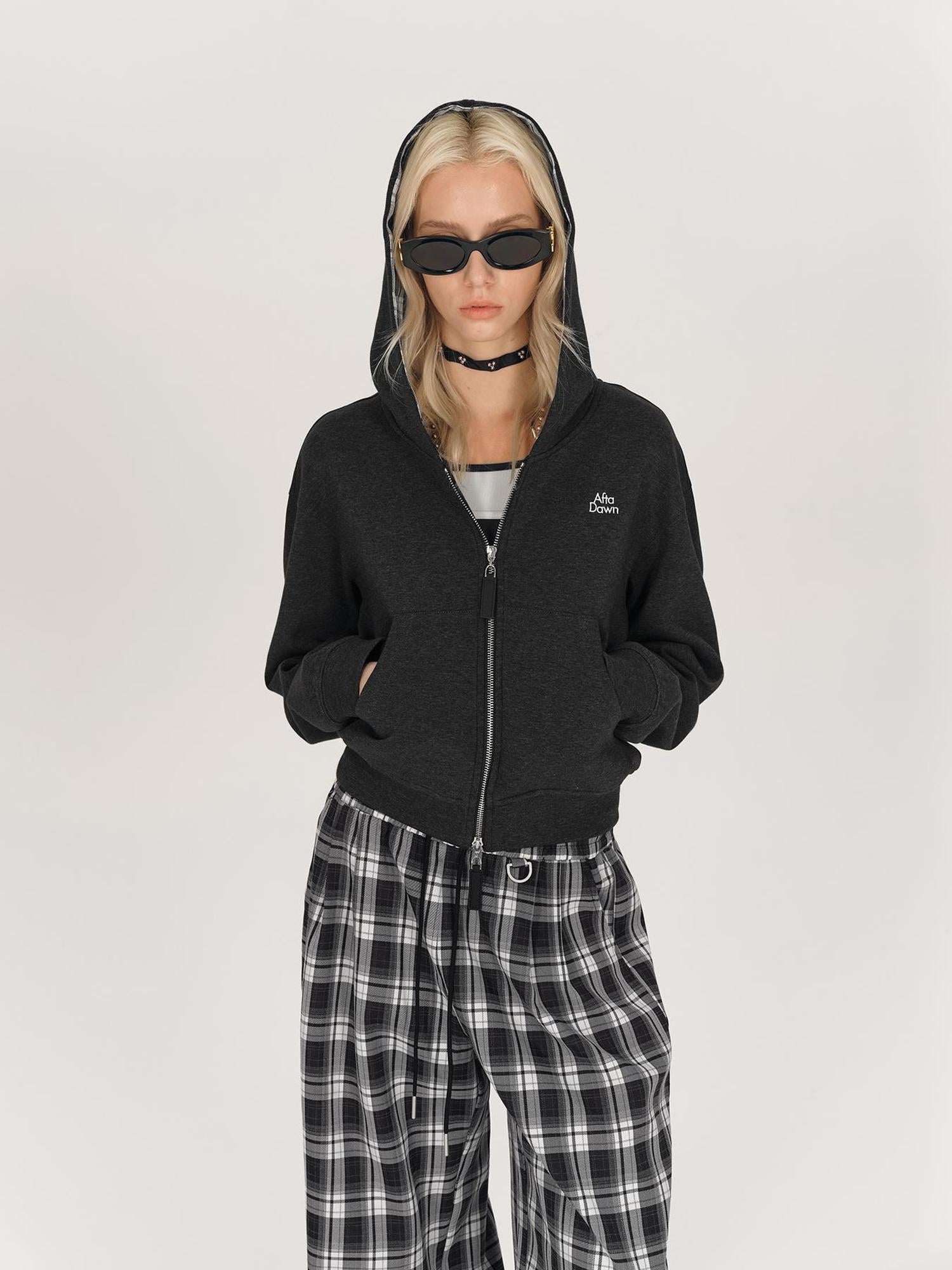AFTADAWN Double Zip Hooded Plaid Trim Cotton Blend Sweatshirt
