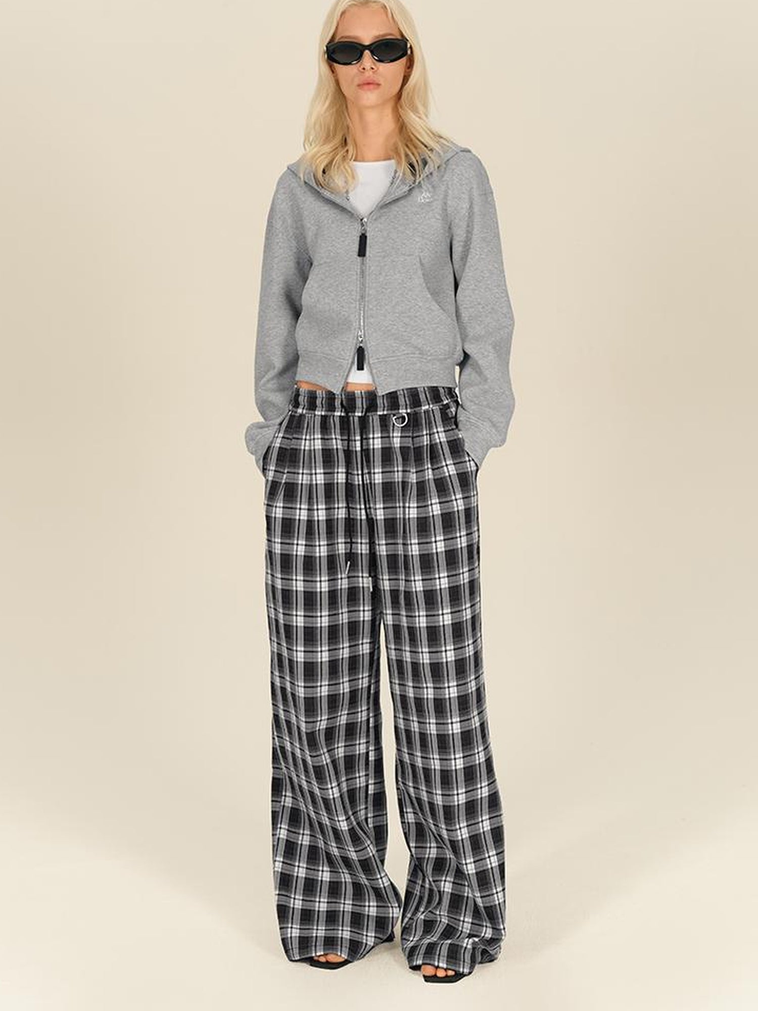 AFTADAWN Double Zip Hooded Plaid Trim Cotton Blend Sweatshirt